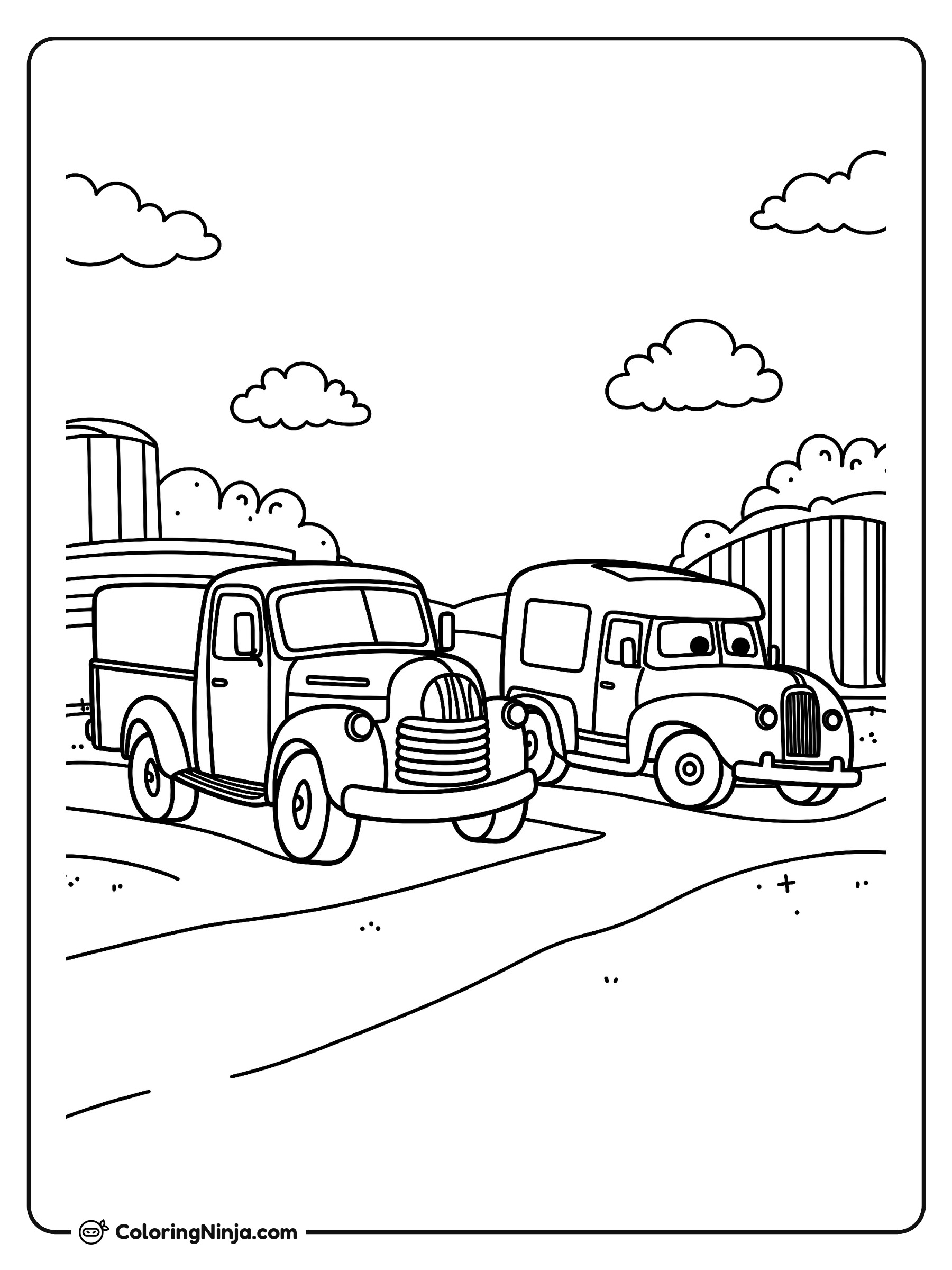 Camionetas antiguas en el patio: dibujo para colorear