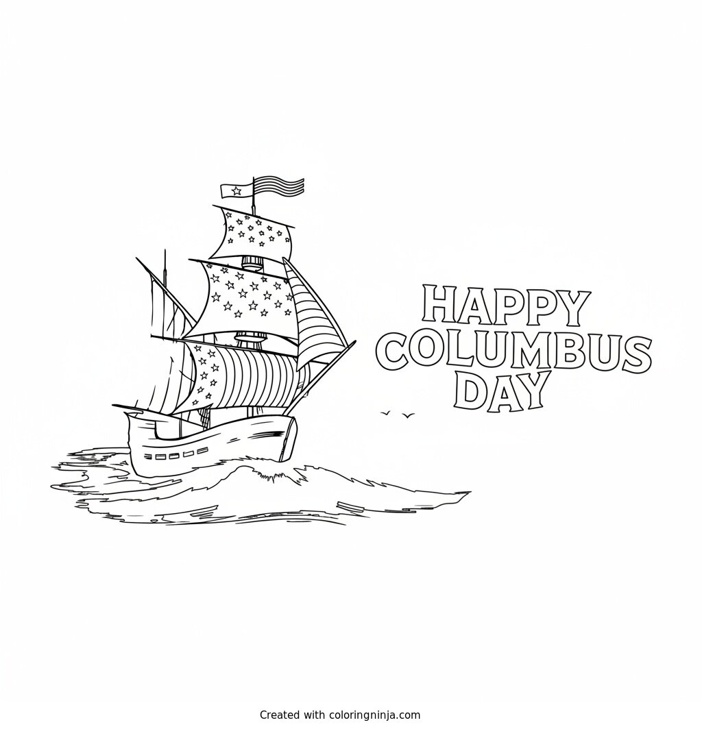 Happy Columbus Day Sailing Ship Coloring Page
