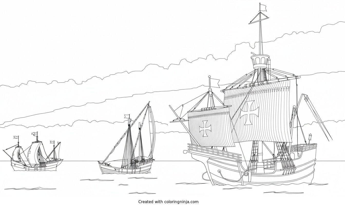 Three Ships of Columbus at Sea Coloring Page