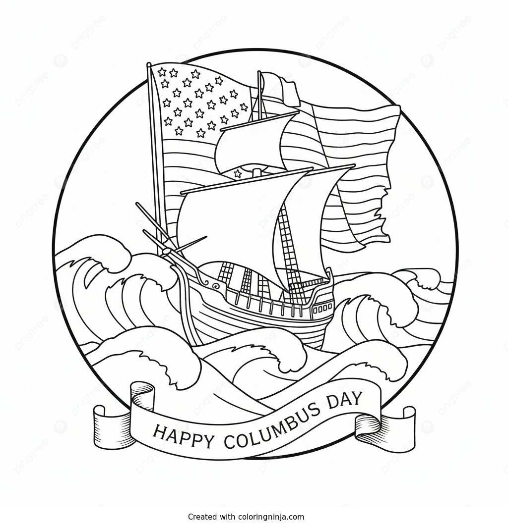 Happy Columbus Day Emblem Coloring Page