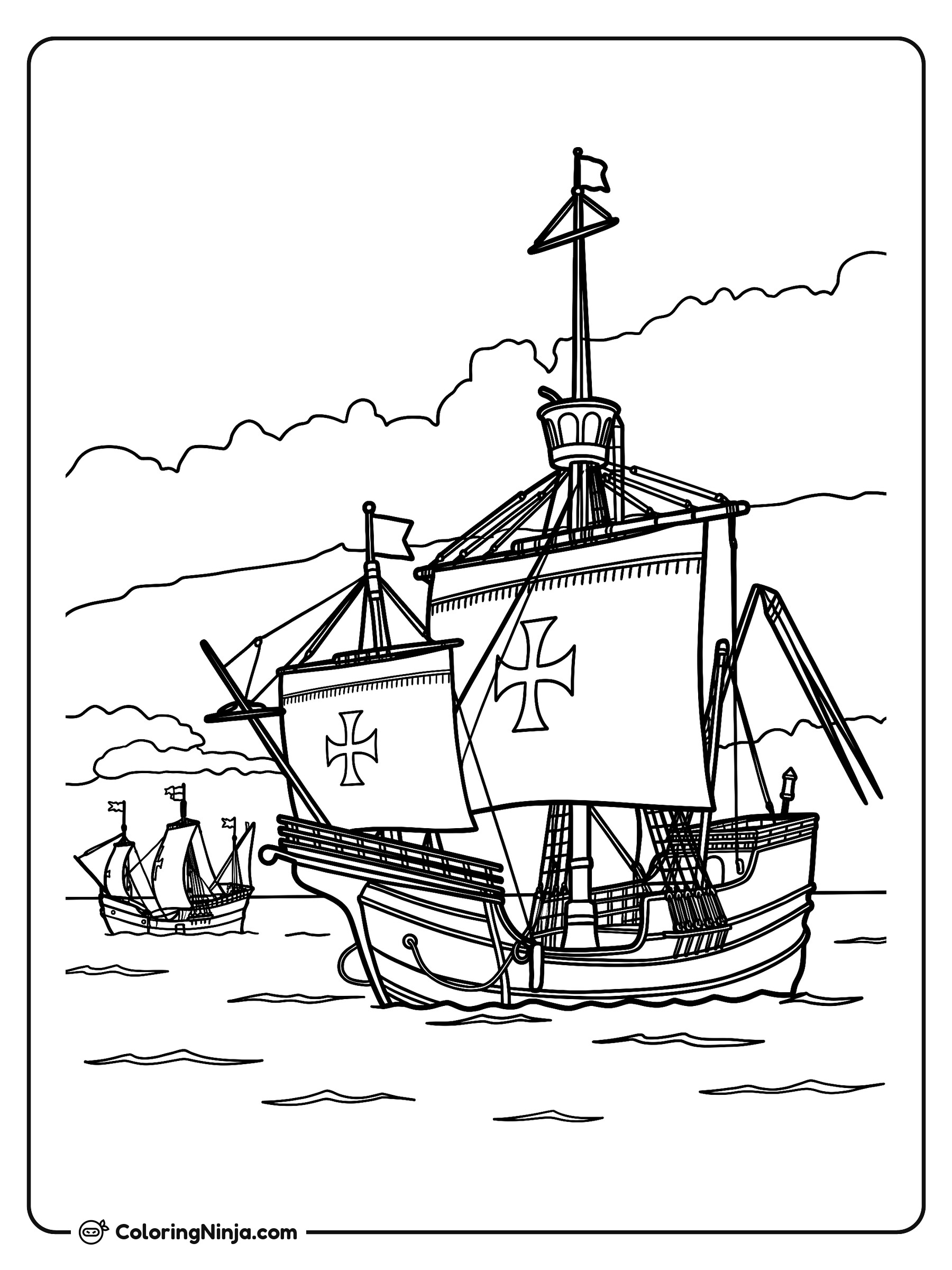 Tres carabelas de Colón en el mar: dibujo para colorear