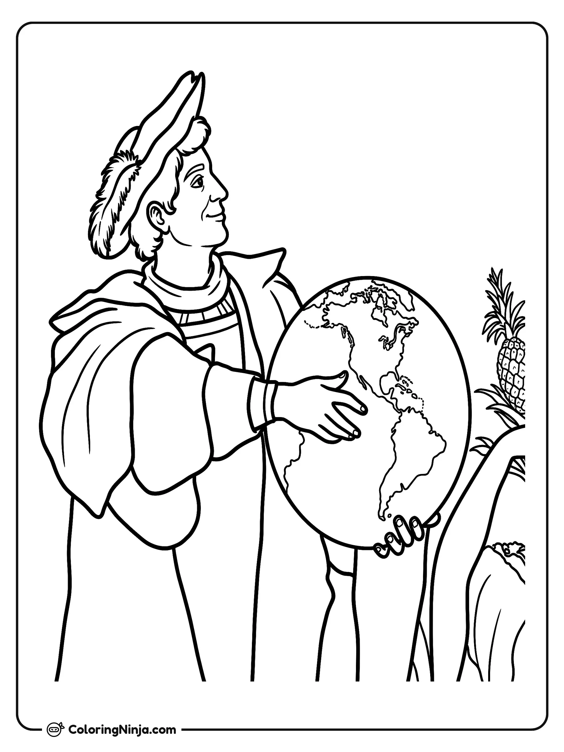 Cristóbal Colón sosteniendo un globo terráqueo, dibujo para colorear: Cristóbal Colón viste un sombrero con pluma y una túnica mientras sostiene un gran globo terráqueo que muestra el continente americano.