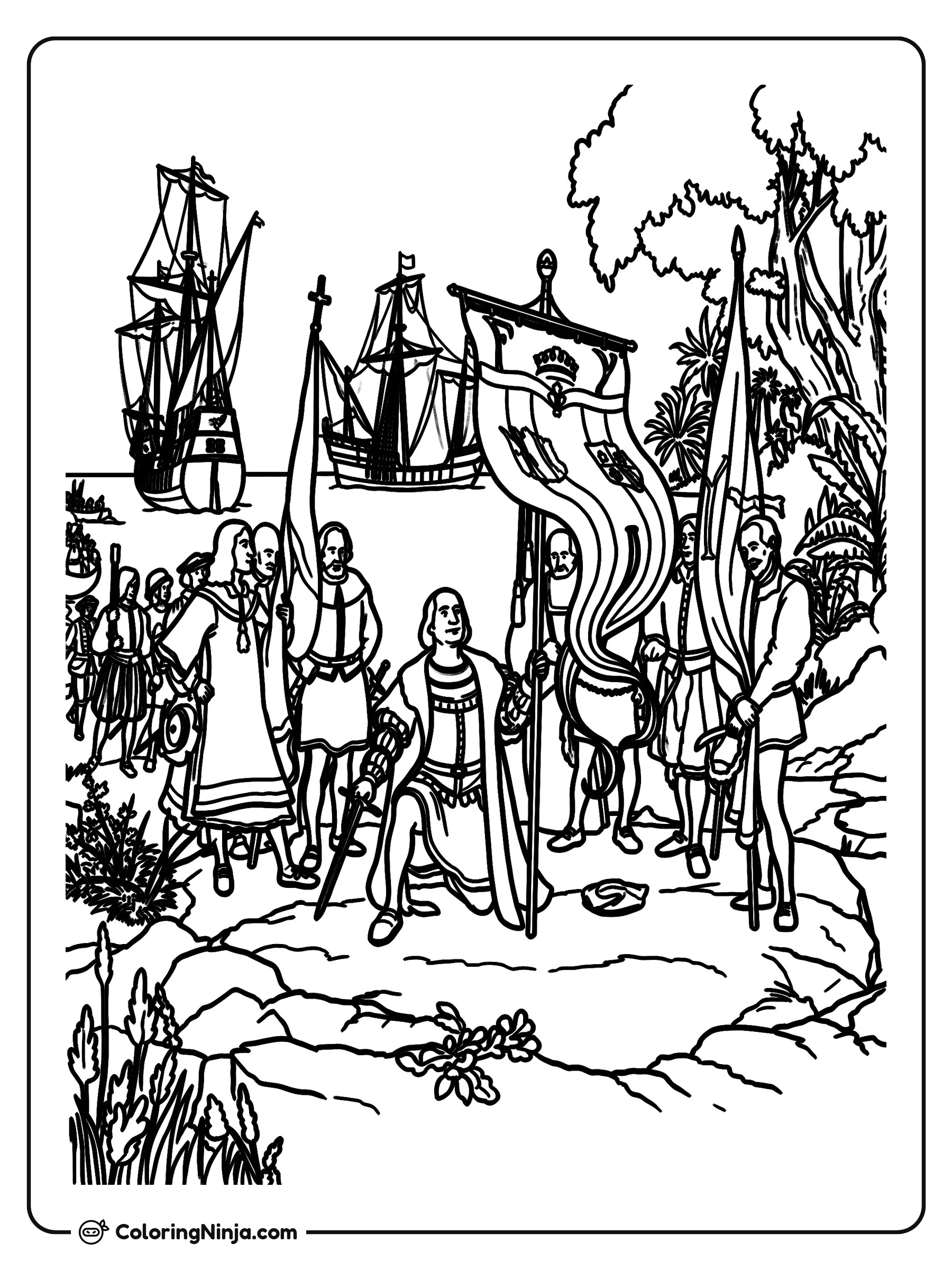 La llegada de Cristóbal Colón al Nuevo Mundo, dibujo para colorear: Cristóbal Colón se arrodilla en la costa sosteniendo una espada, rodeado por sus hombres con estandartes reales tras desembarcar.