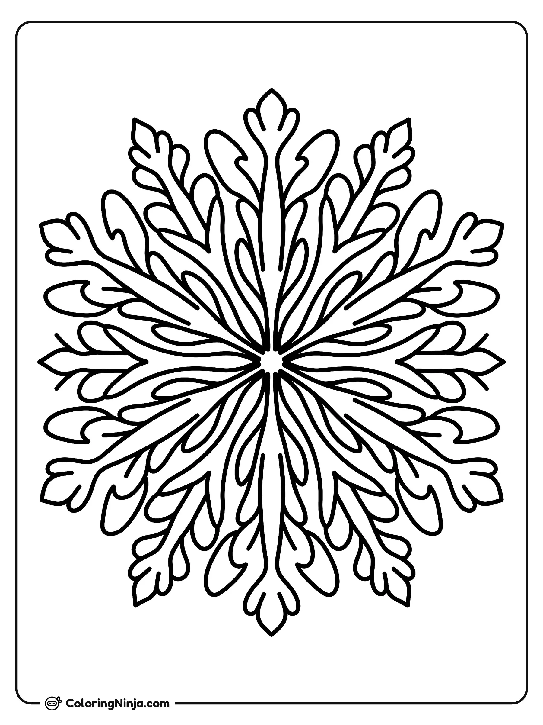 Copo de nieve abstracto complejo, dibujo para colorear: Un complejo copo de nieve abstracto muestra puntas simétricas e intrincadas que se extienden desde un pequeño centro circular.
