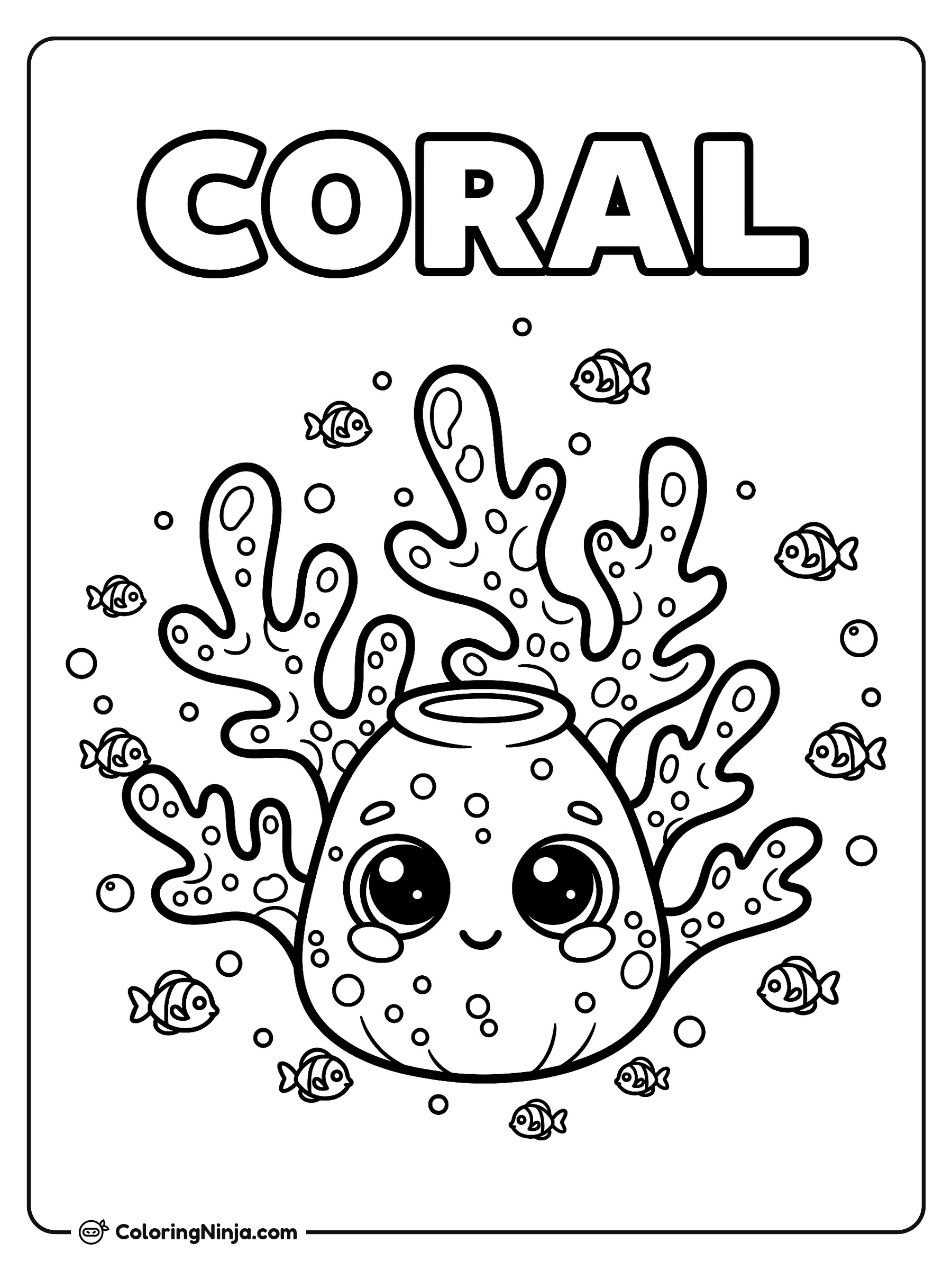 Un coral tierno y pececitos: dibujo para colorear