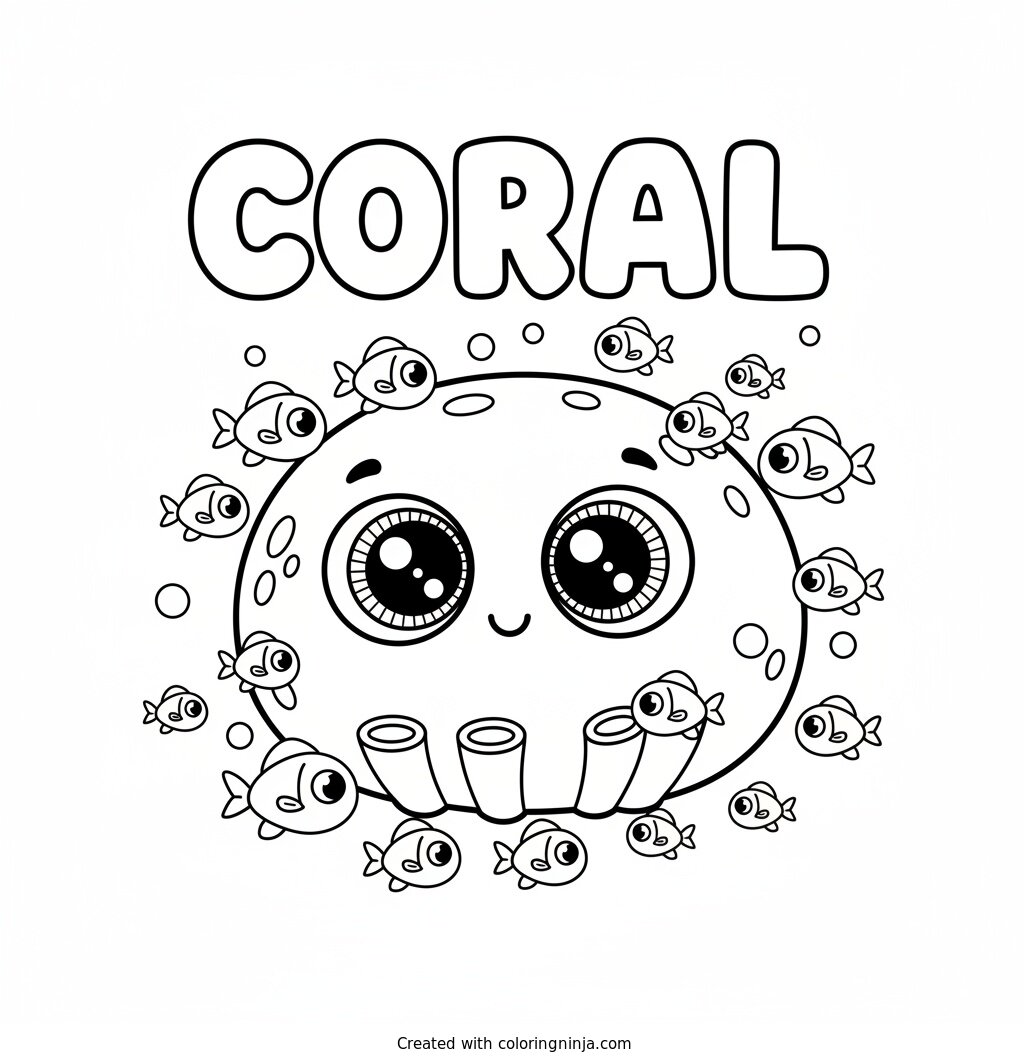 A Friendly Coral and Little Fishes Coloring Page