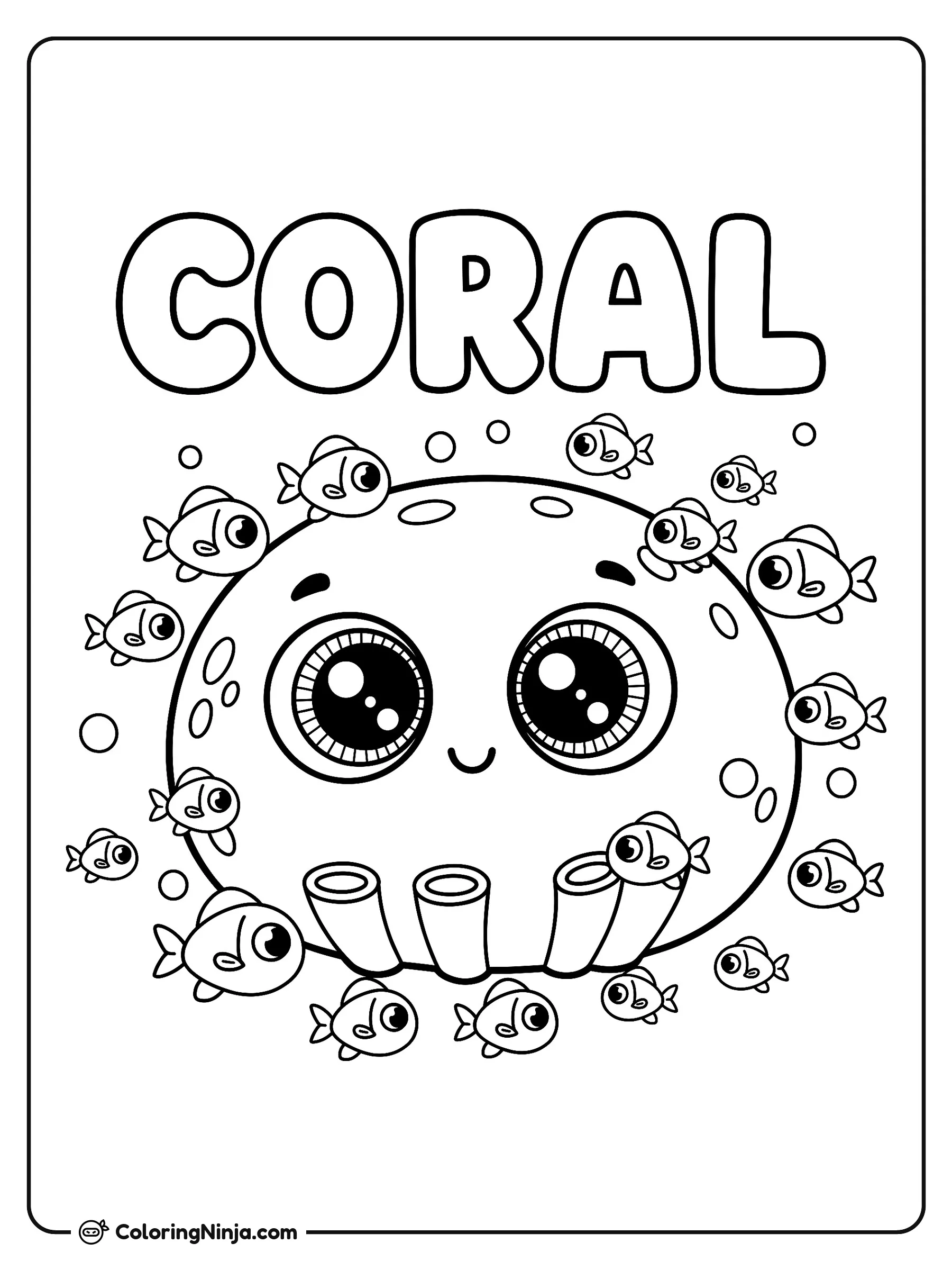 Un coral amigable y pececitos, dibujo para colorear: Un coral sonriente con ojos grandes se encuentra en el fondo del mar rodeado de muchos peces pequeños y burbujas. Debajo del letrero se observa una escena marina muy tierna y llena de vida.