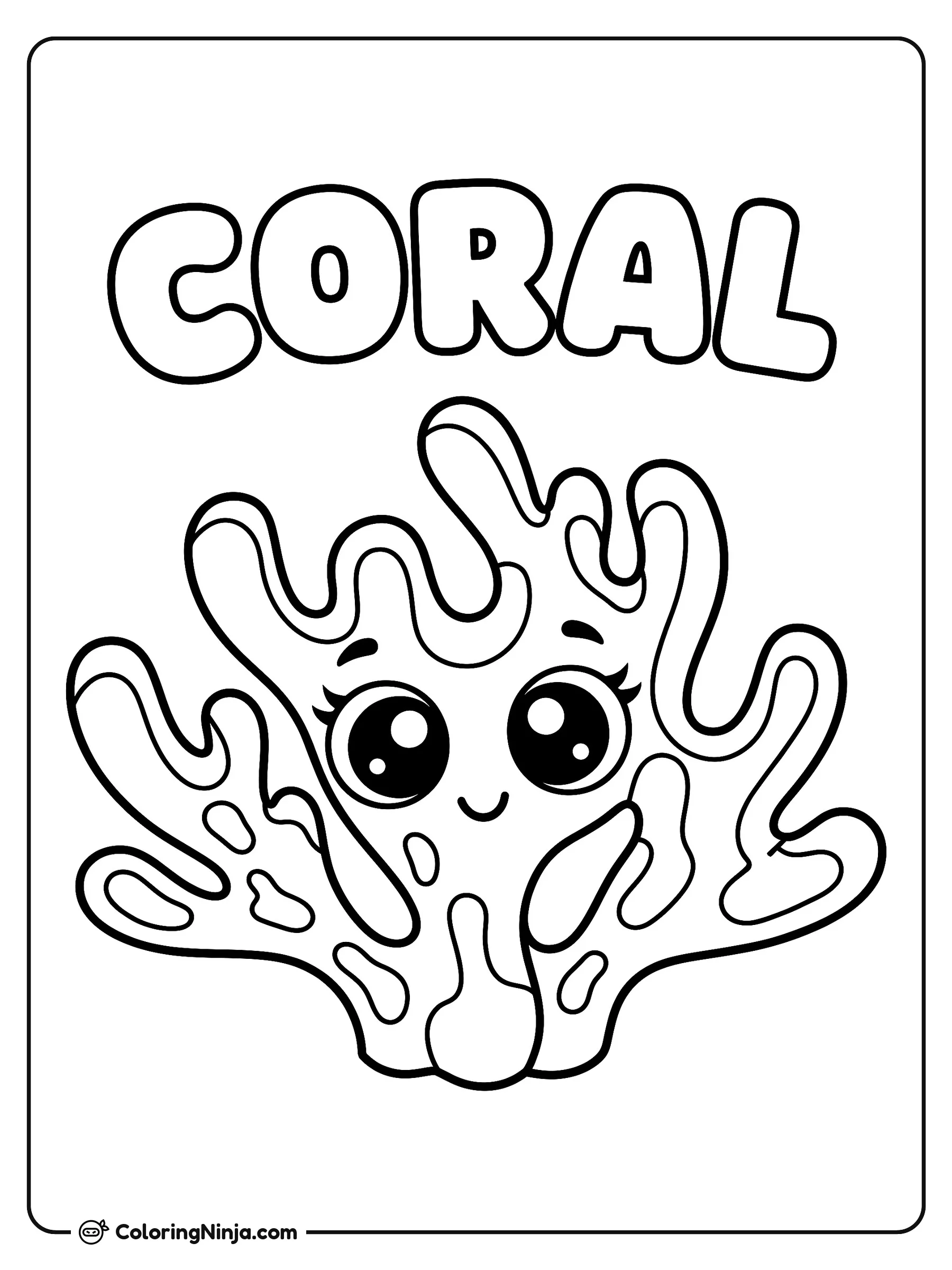 Un coral con ojos brillantes, dibujo para colorear: Un simpático personaje de coral muestra grandes ojos brillantes con pestañas y una amplia sonrisa.
