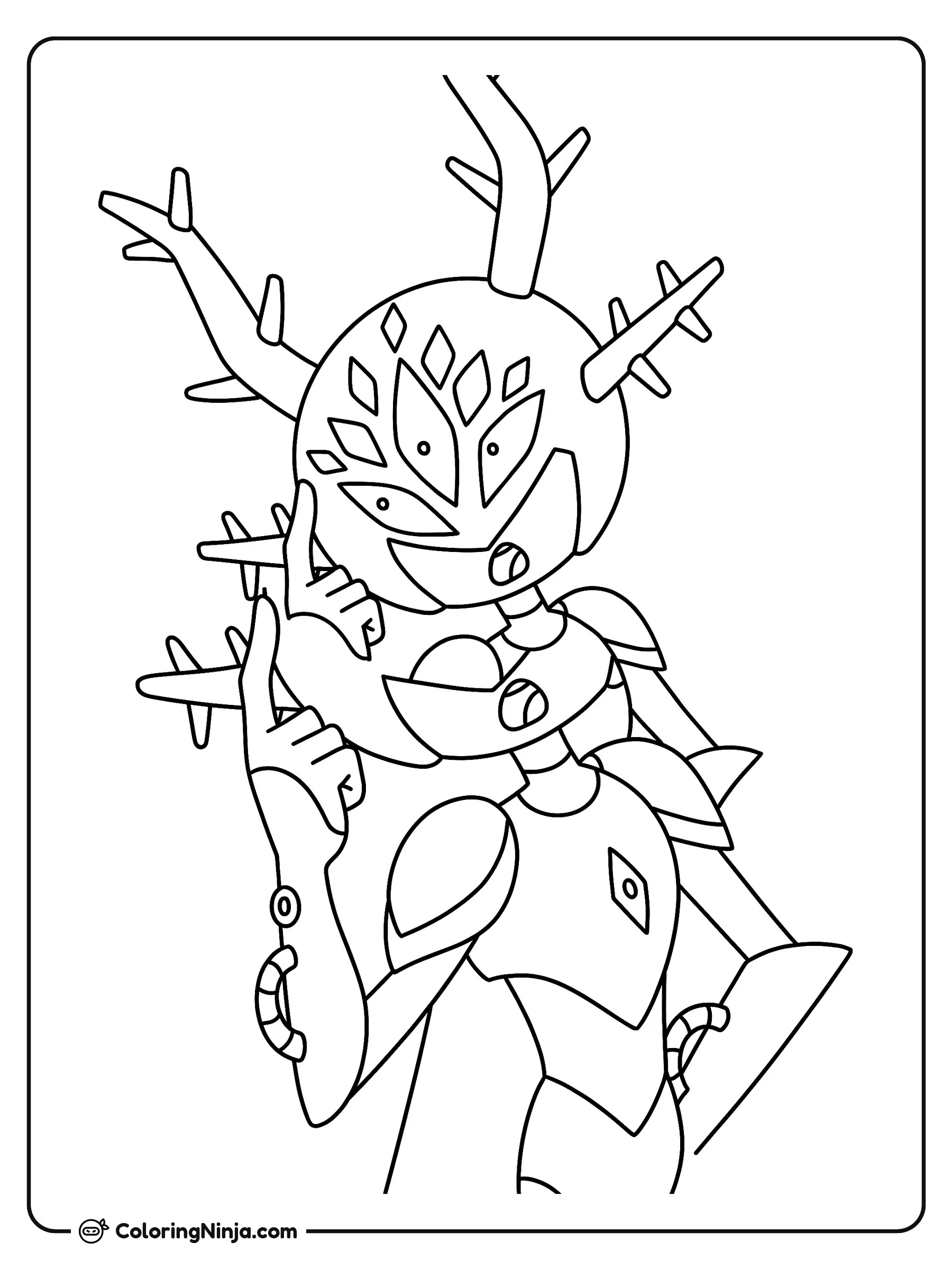 The Core Marcy de Amphibia, dibujo para colorear: The Core Marcy de Amphibia viste un traje de armadura con un casco redondo decorado con múltiples ojos y cuernos.