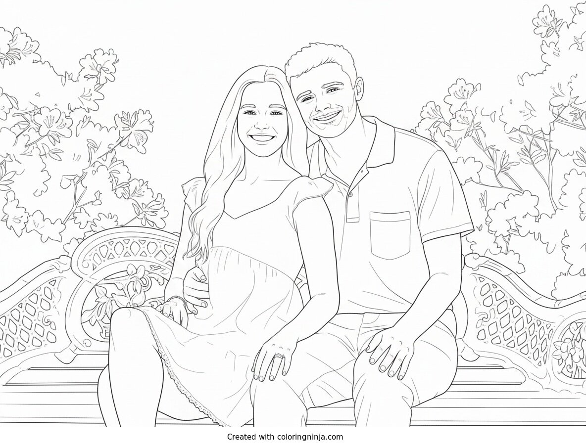 Coloring page of Couple on a Bench with Flowers