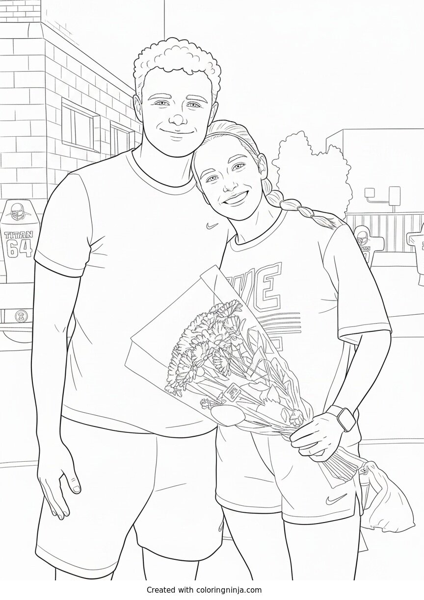 Coloring page of Couple Celebrating with Flowers on the Field