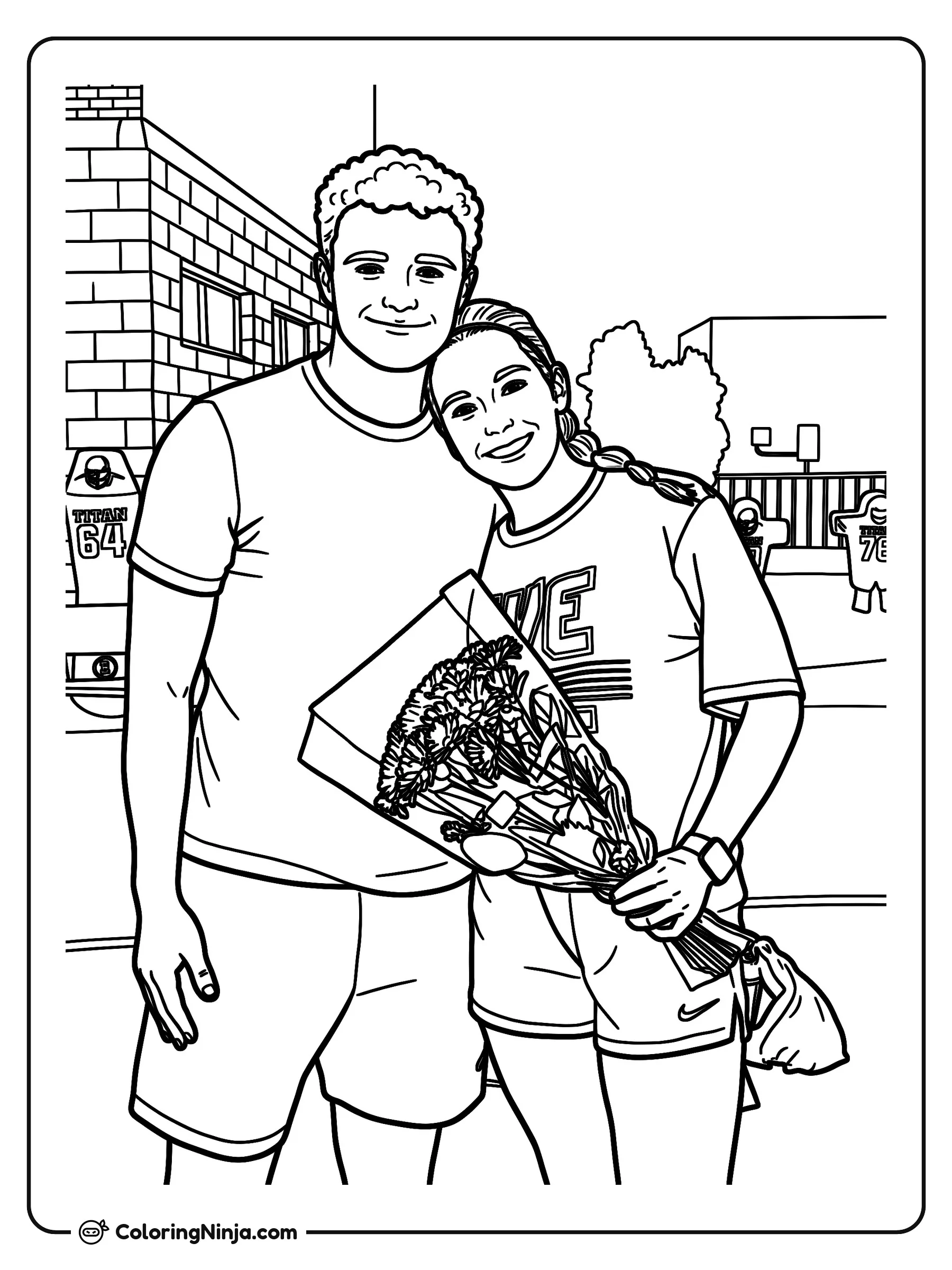 Pareja celebrando con flores en el campo, dibujo para colorear: Una pareja feliz posa junta en un campo deportivo con un gran ramo de flores. La escena incluye detalles como edificios escolares y equipo deportivo al fondo.