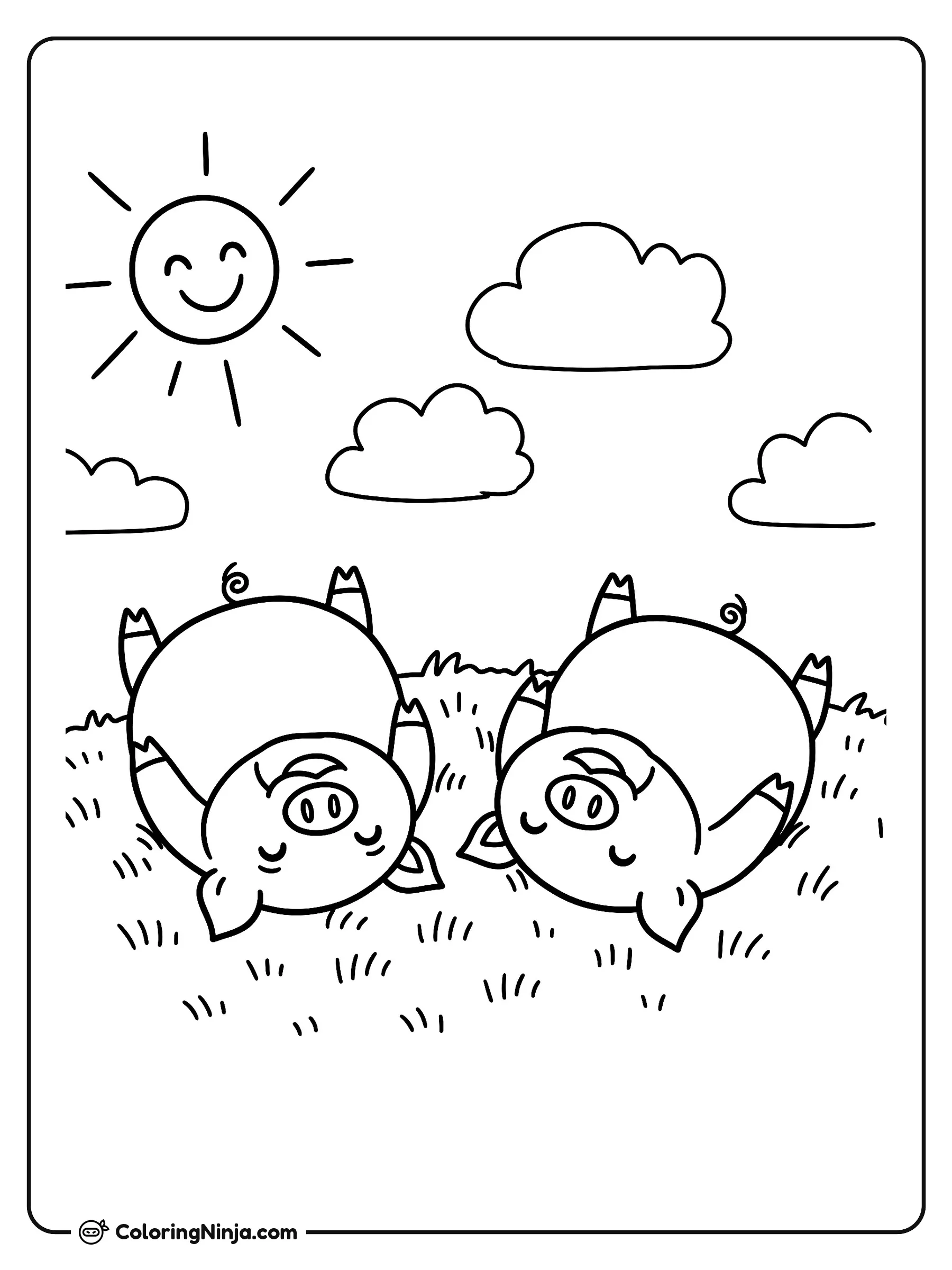Cerditos Felices en el Pasto, dibujo para colorear: Dos cerditos sonrientes descansan boca arriba sobre la hierba en un día soleado con nubes esponjosas.
