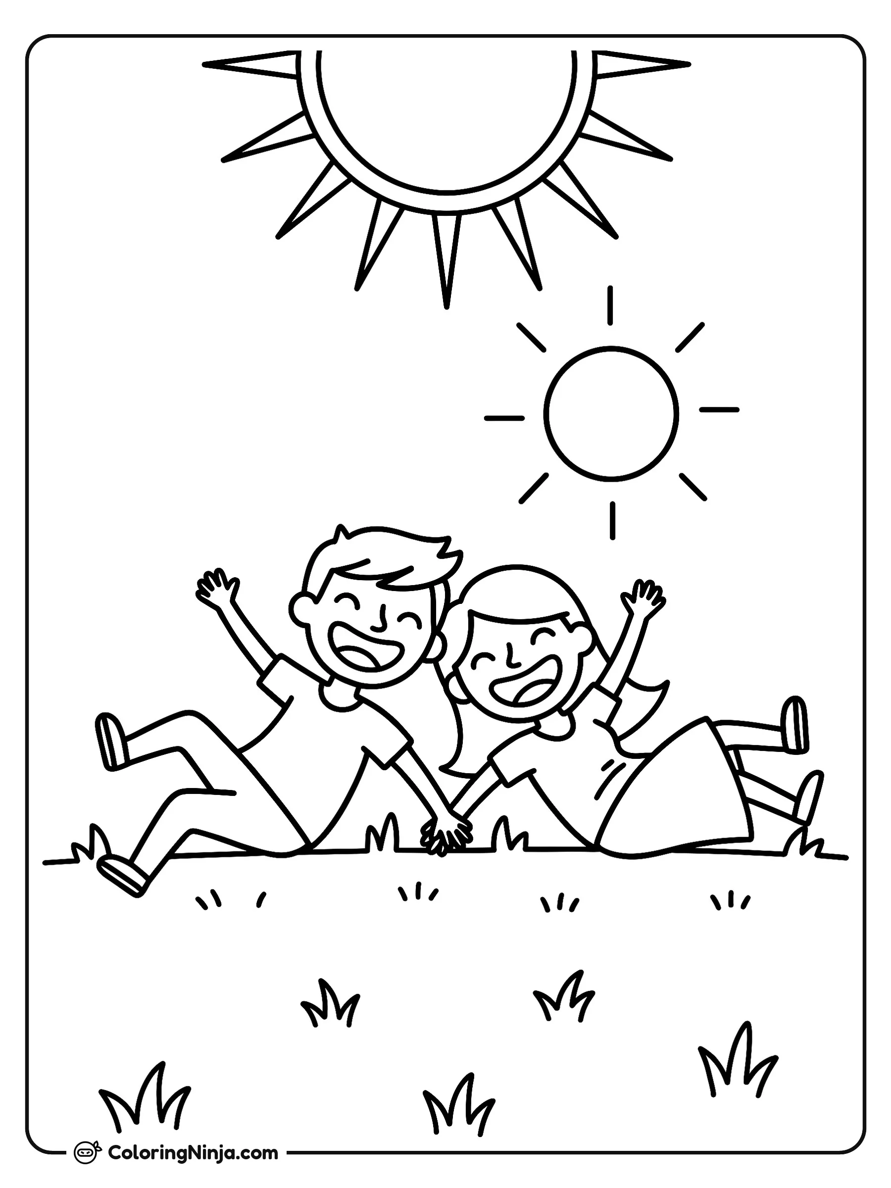 Pareja alegre en el pasto, dibujo para colorear: Una pareja feliz está sentada en el césped con los brazos en alto y rostros sonrientes mientras se toman de la mano.