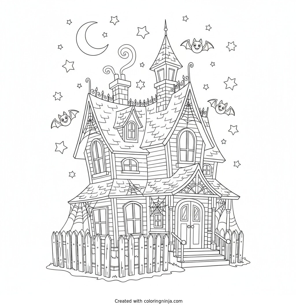 The Cozy Halloween Cottage Coloring Page