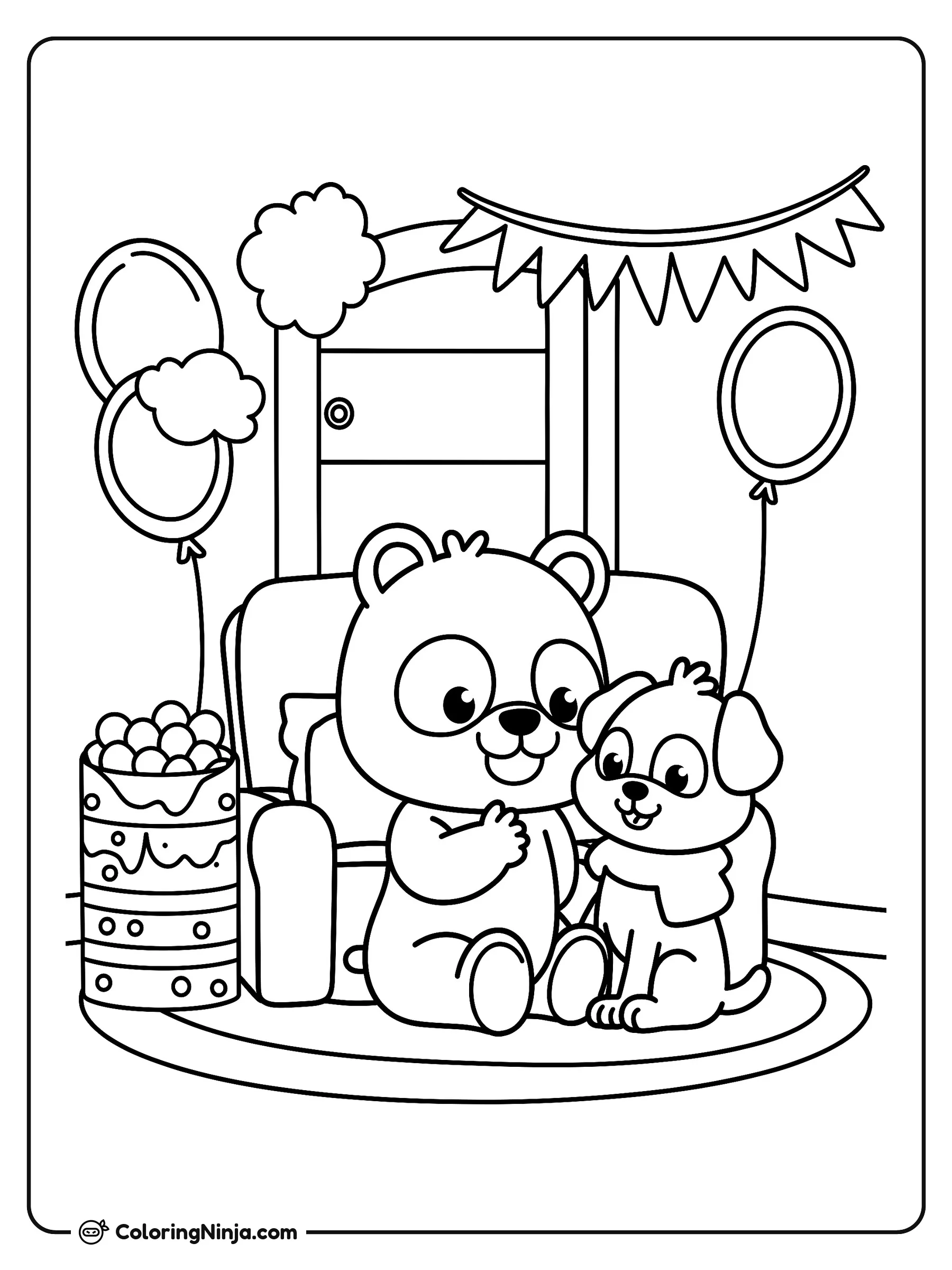 Panda y su amigo perrito, dibujo para colorear: Un osito panda se sienta junto a un pequeño perrito sobre una alfombra redonda frente a un sillón. Un pastel decorado, globos flotantes y una guirnalda festiva completan esta alegre escena.