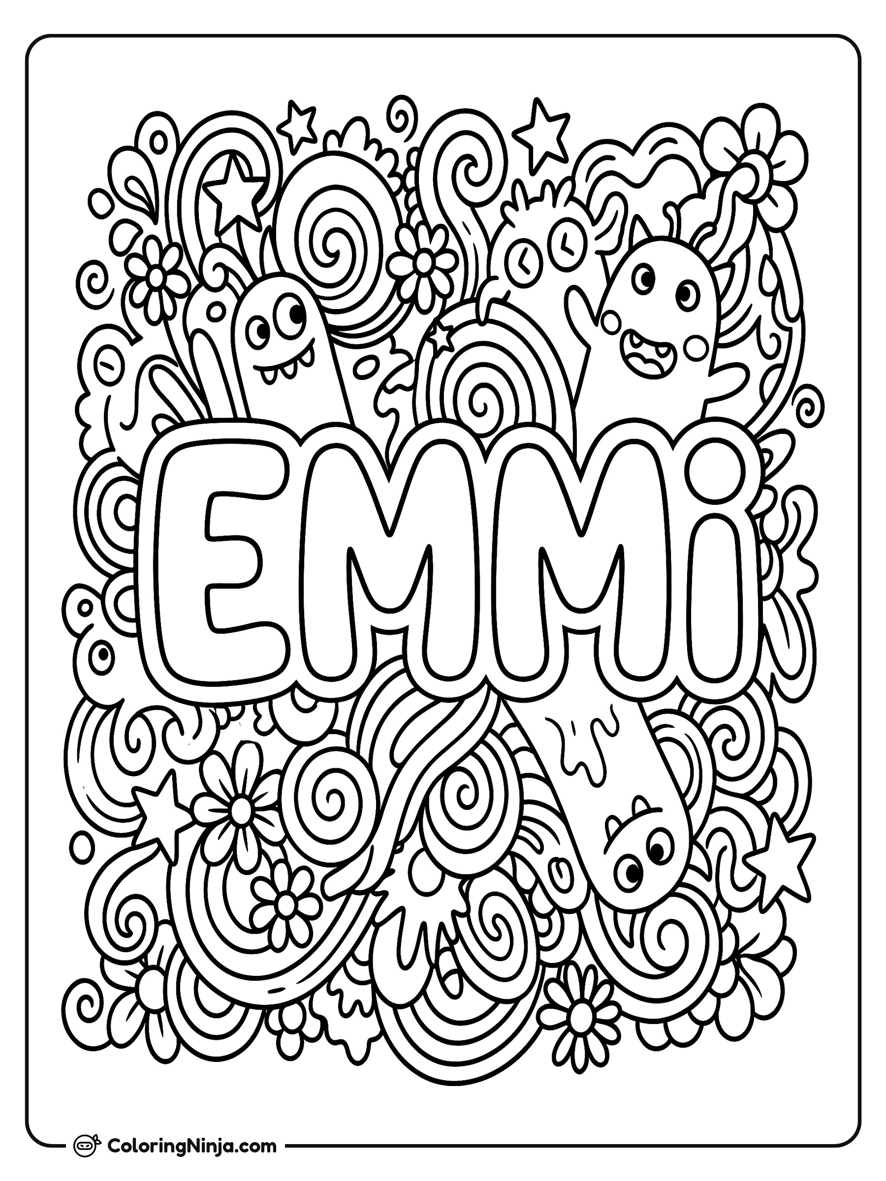 Lindo arte doodle con monstruos y nombre: dibujo para colorear