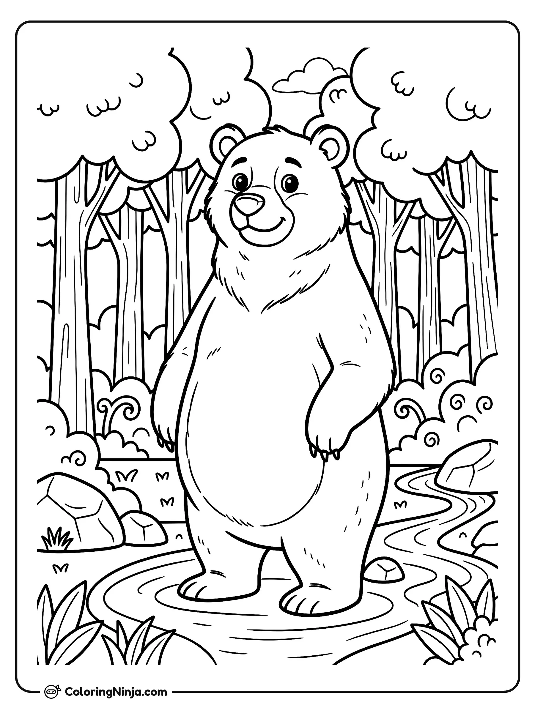 Oso amigable en el bosque, dibujo para colorear: Un simpático oso de pie sobre un arroyo poco profundo rodeado de grandes árboles y vegetación.