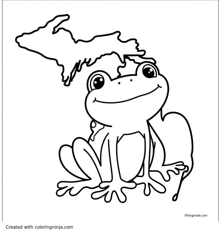 A coloring page of Create a coloring page with a frog with the outline of Michigan and the words "leaping into Greatness"