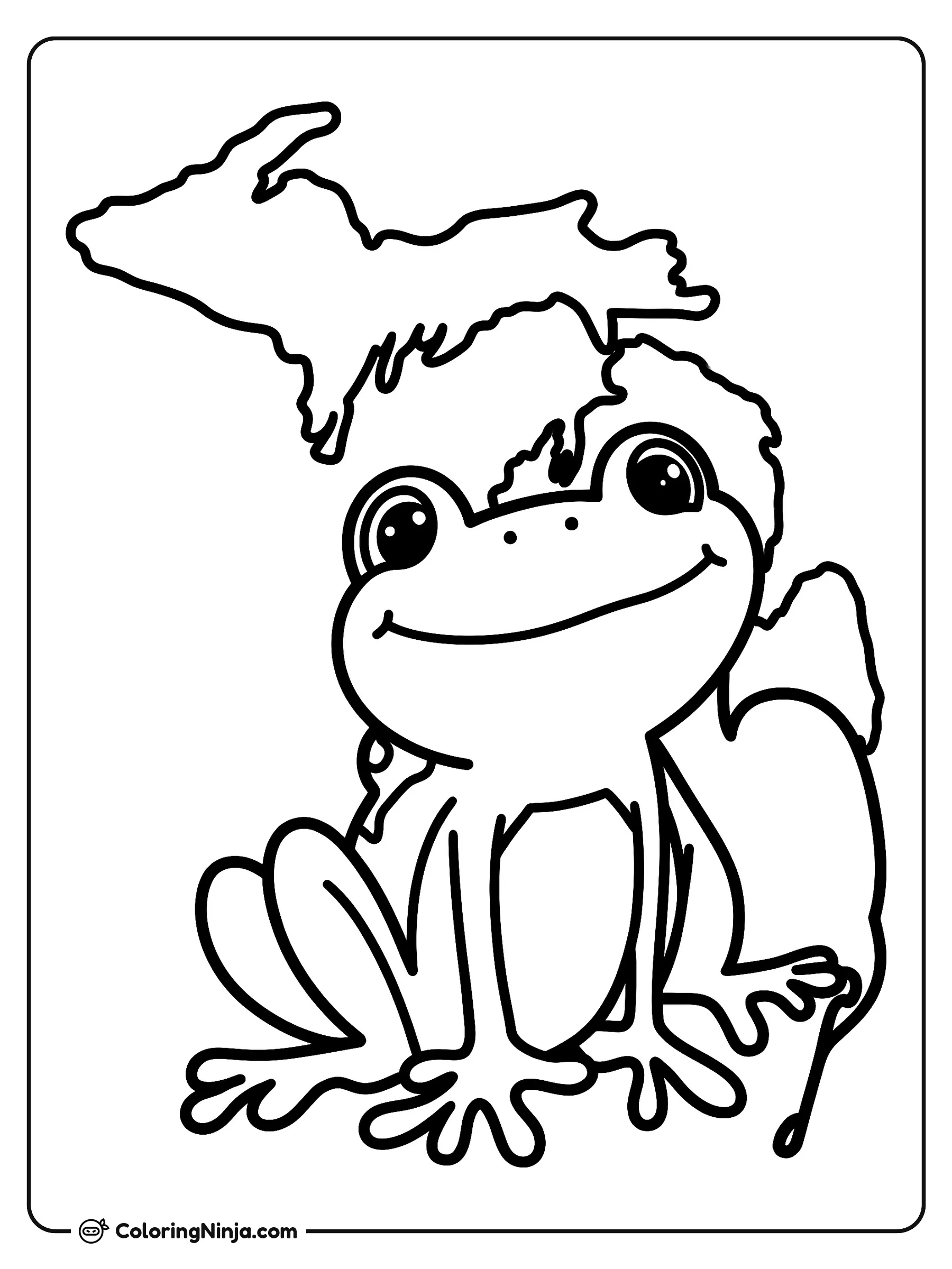Rana feliz de Míchigan, dibujo para colorear: Una alegre rana con una gran sonrisa posa frente al mapa de las penínsulas de Míchigan.