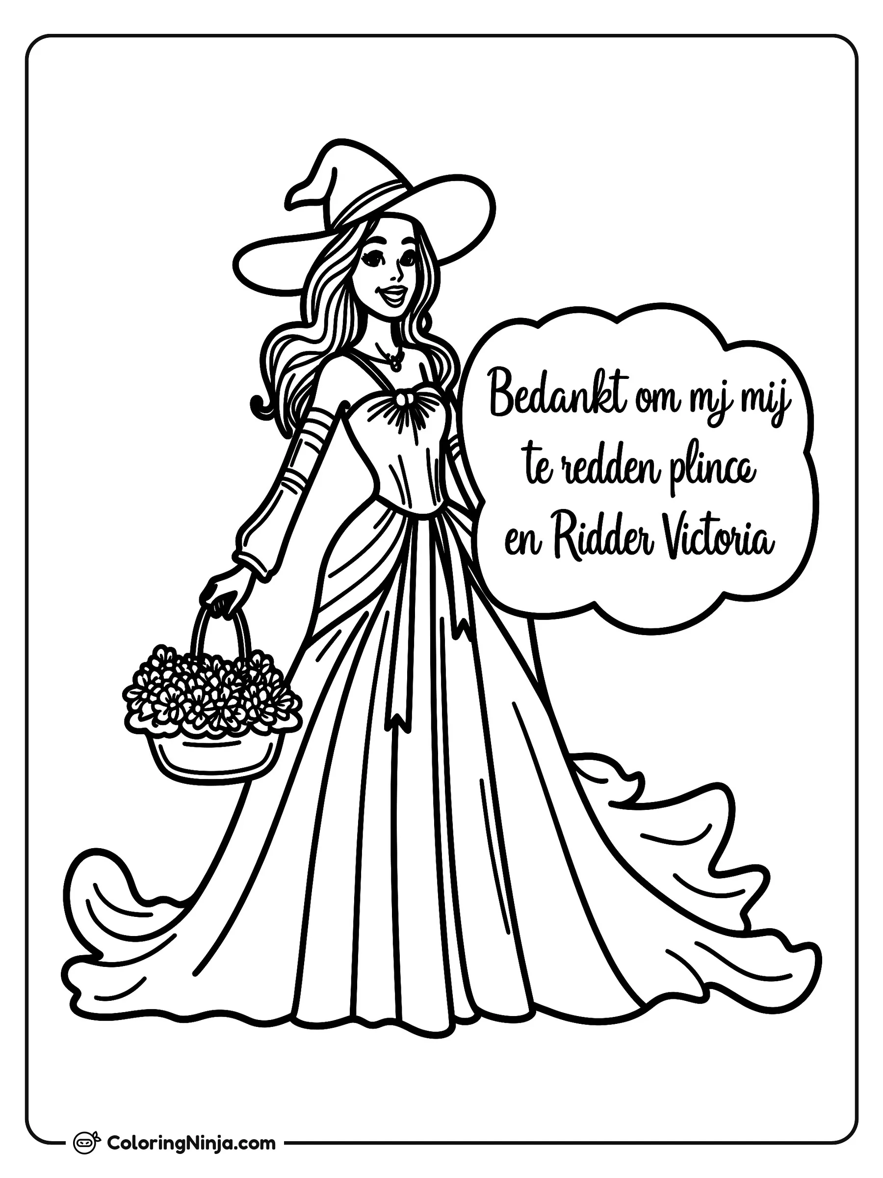 El mensaje de rescate de una bruja elegante, dibujo para colorear: Una elegante bruja vestida con un sombrero puntiagudo y un vestido largo sonríe mientras sostiene una canasta llena de flores.