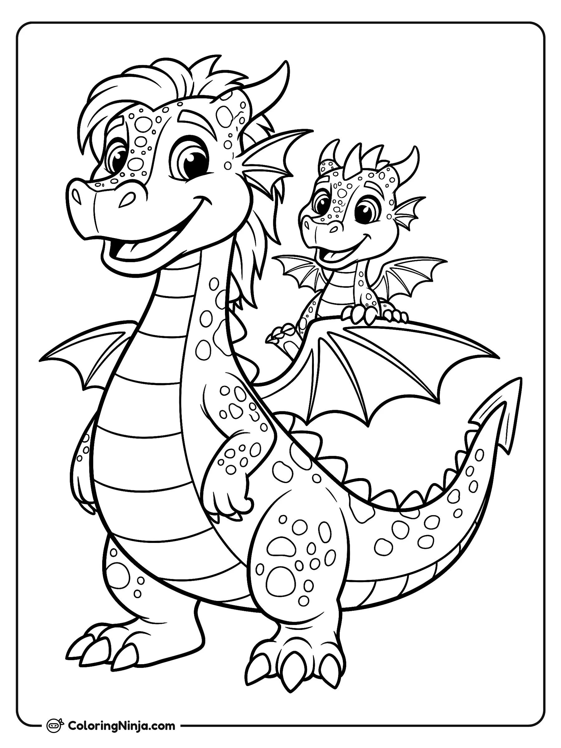 Los Dragones Yarlotte y Yarli, dibujo para colorear: Yarlotte y Yarli posan juntos muy sonrientes, con el dragón más pequeño sentado alegremente sobre el lomo de su compañera.