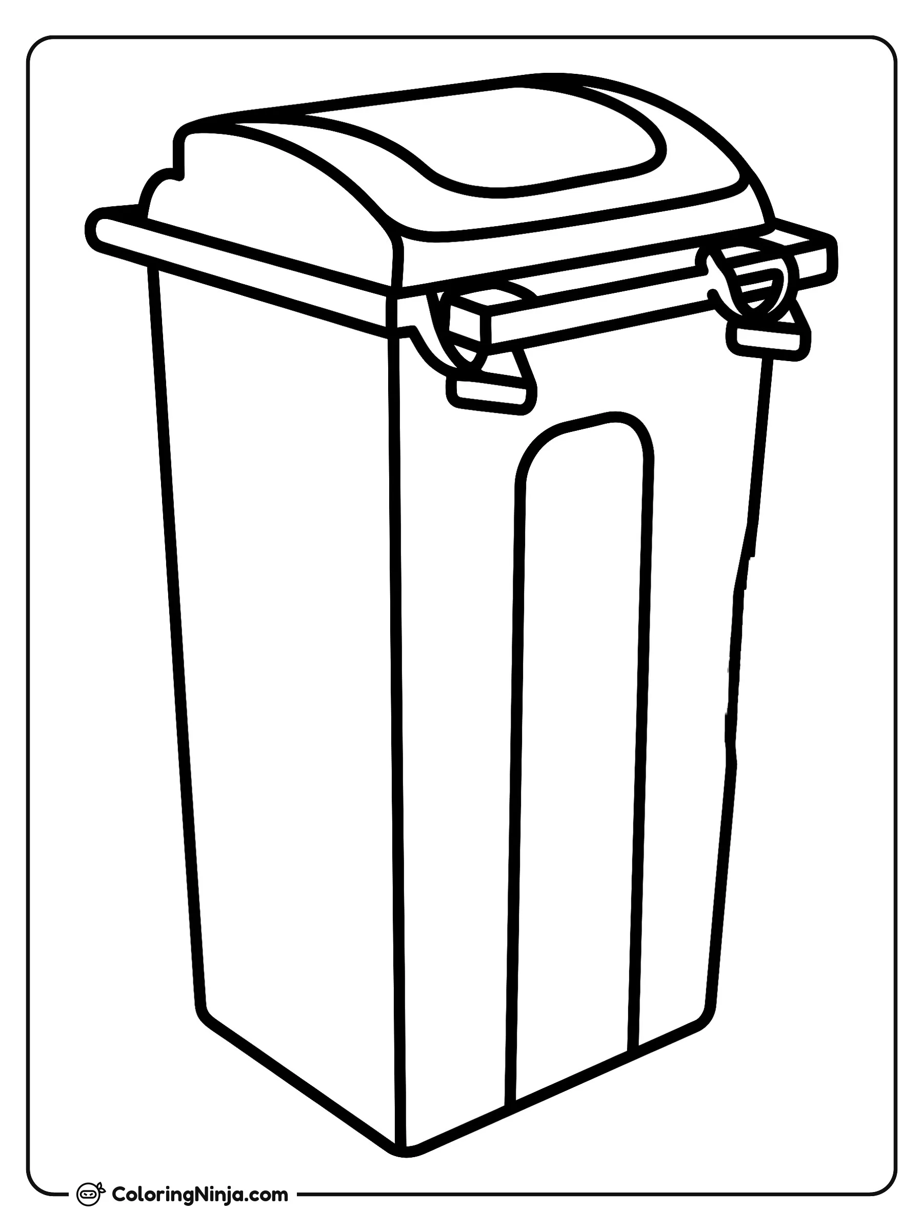 Contenedor de Basura de Brisbane, dibujo para colorear: Un contenedor de basura con ruedas se mantiene de pie, con su tapa cerrada, un asa frontal resistente y un cuerpo rectangular vertical.