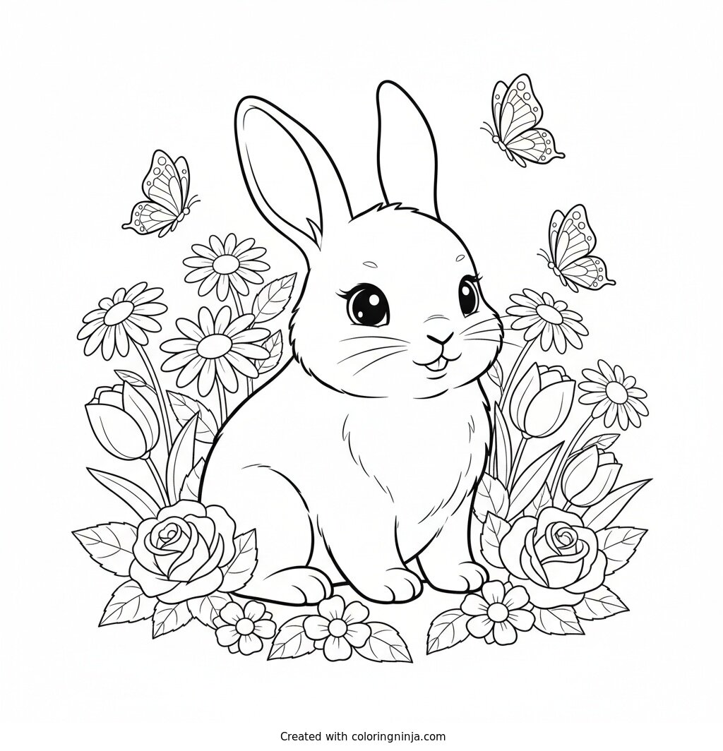 Cute Bunny In A Flower Garden Coloring Page