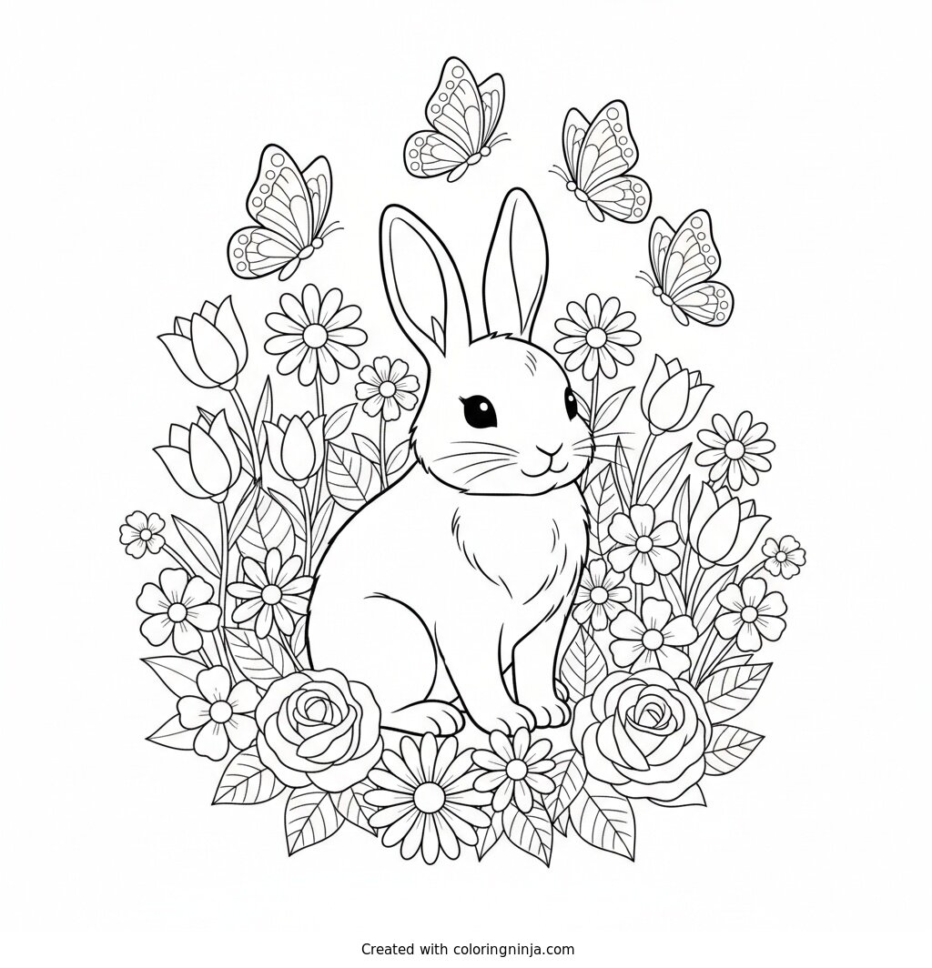 Cute Bunny In Flower Garden Coloring Page