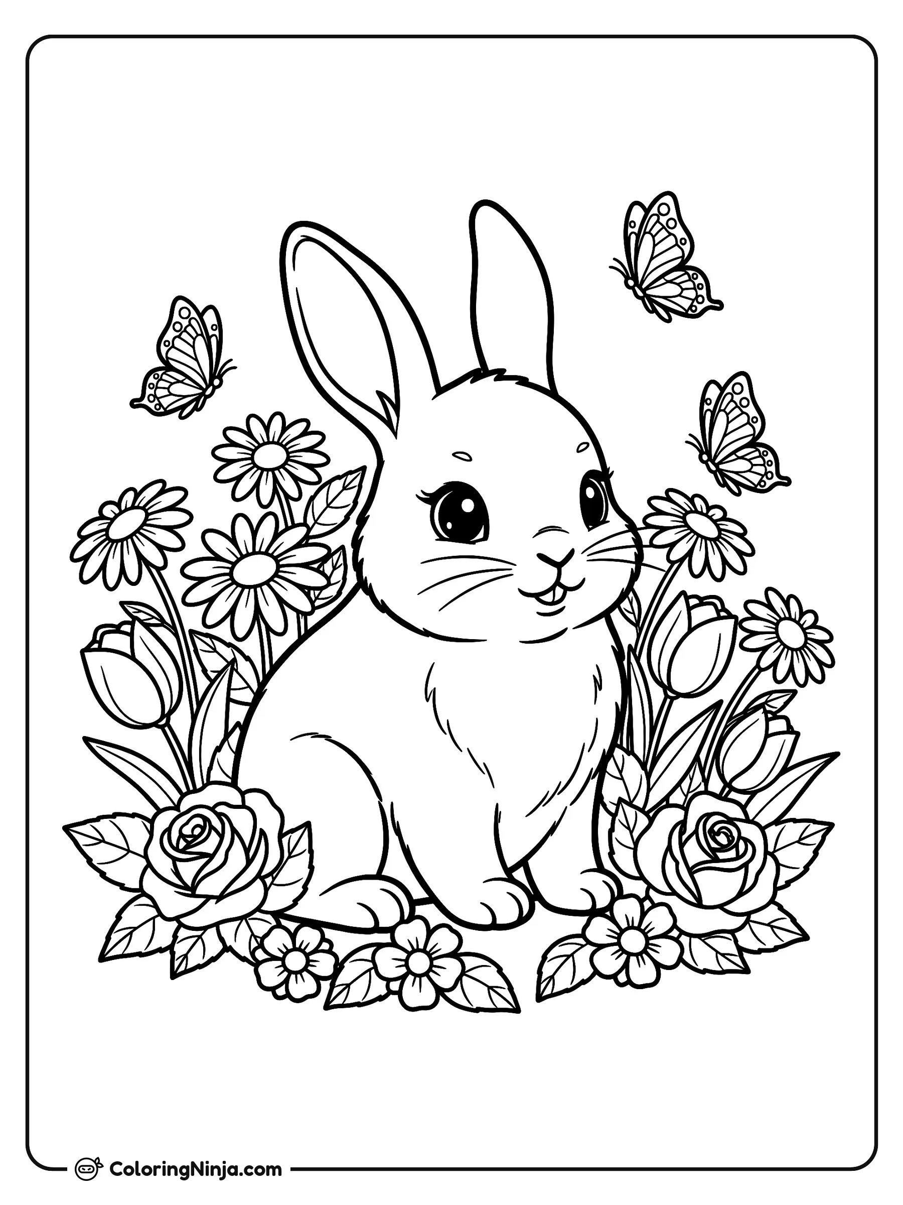 Lindo conejo en un jardín de flores, dibujo para colorear: Un tierno conejo descansa plácidamente en un jardín rodeado de rosas, tulipanes y margaritas. Tres mariposas revolotean cerca entre hojas y pétalos.