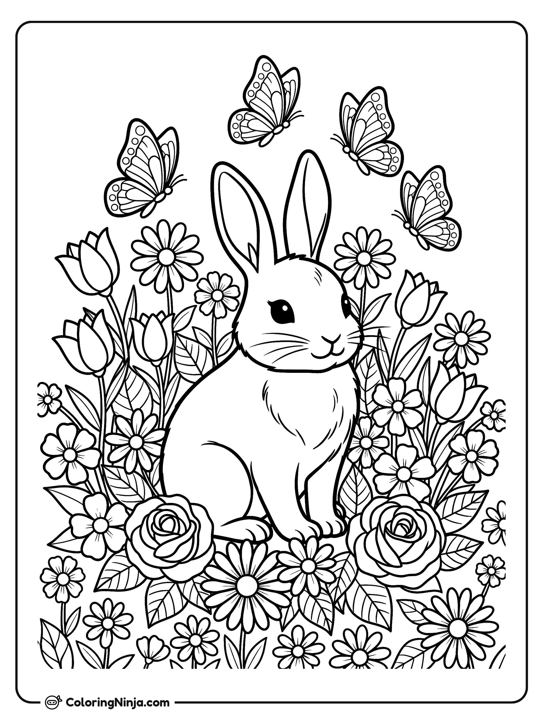 Conejo tierno en un jardín de flores: dibujo para colorear