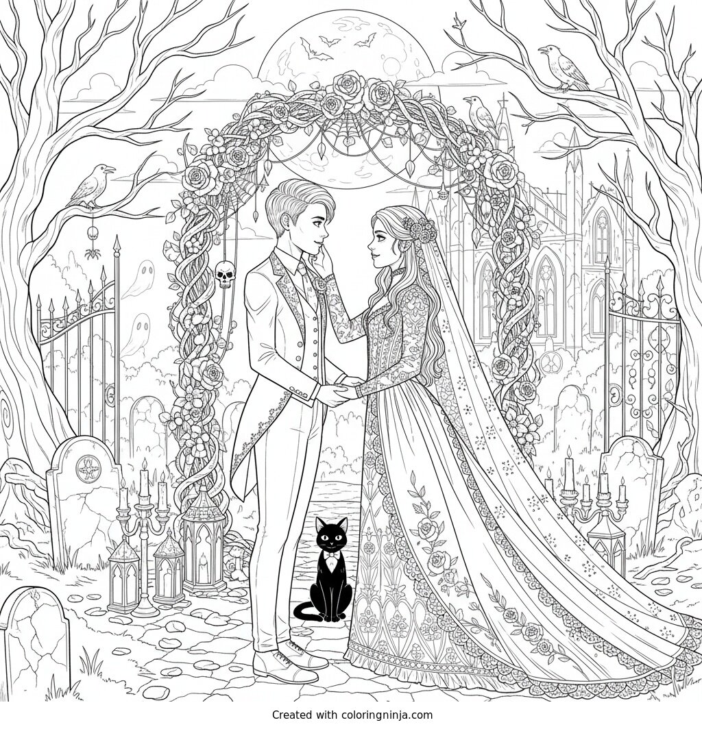 Gothic Cemetery Wedding Ceremony Coloring Page