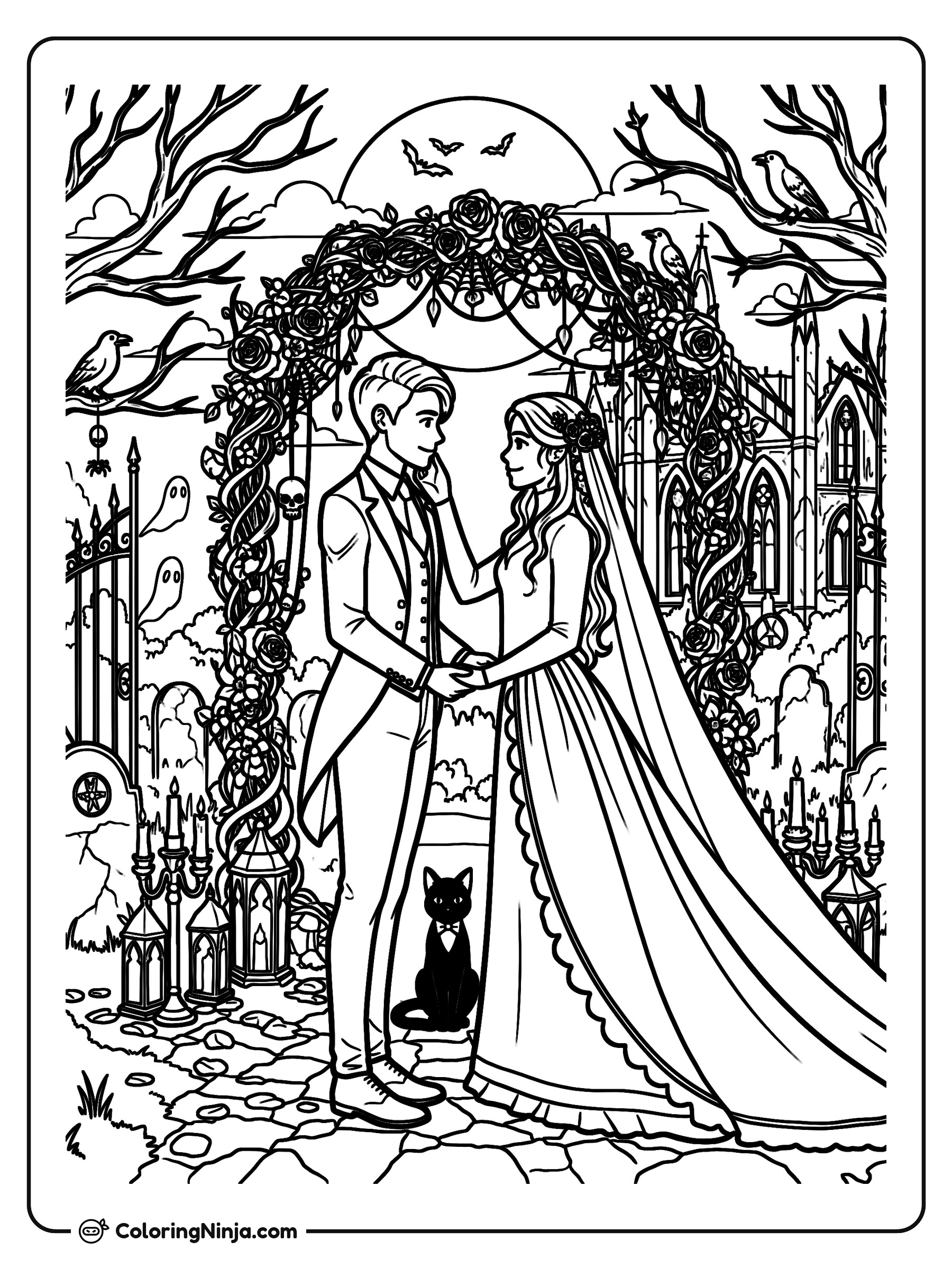 Ceremonia de boda gótica en un cementerio: dibujo para colorear