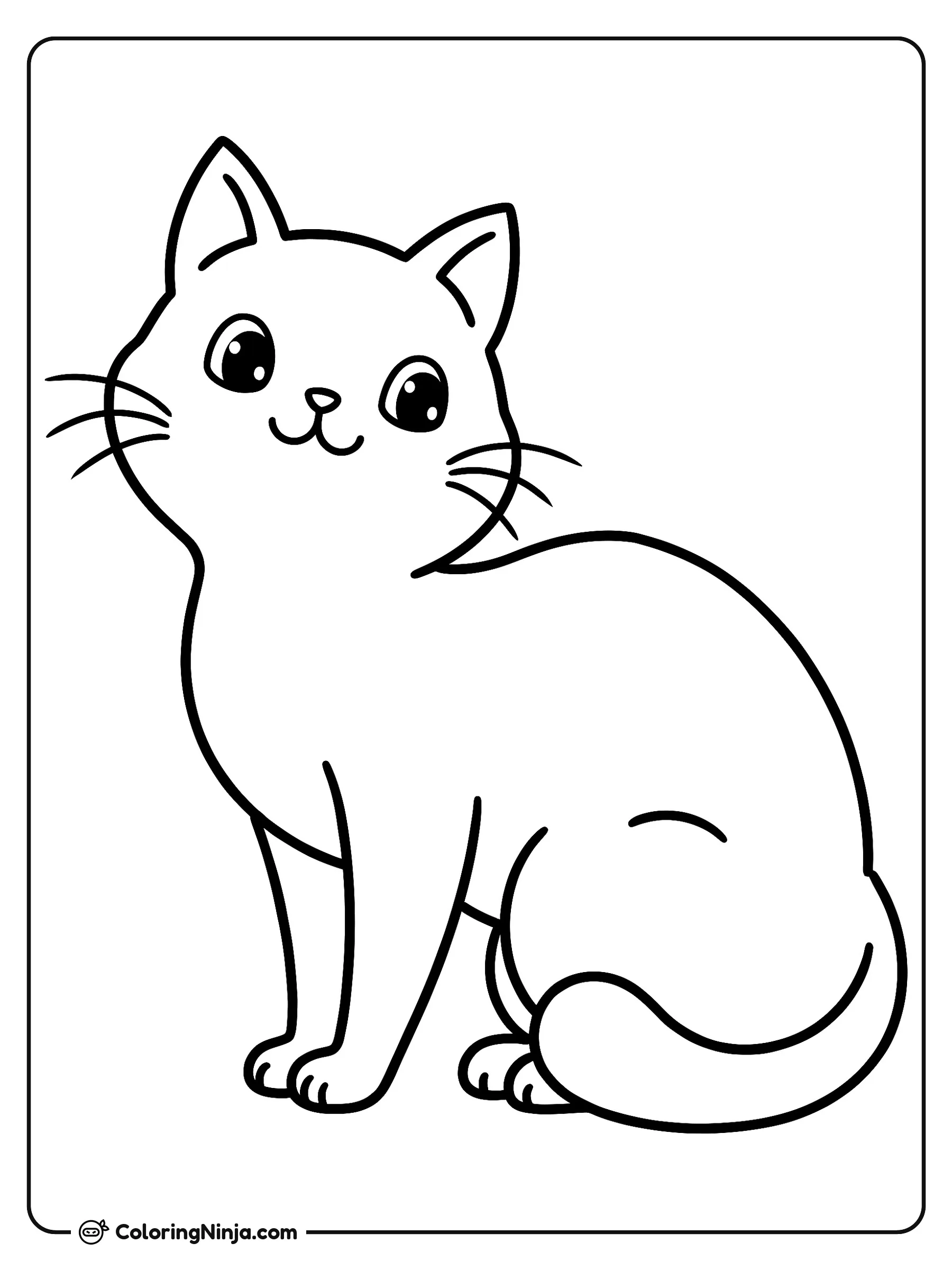 Gato al Estilo Studio Ghibli, dibujo para colorear: Un tierno gato al estilo Studio Ghibli permanece sentado tranquilamente con su cabeza ligeramente inclinada y sus grandes ojos curiosos.