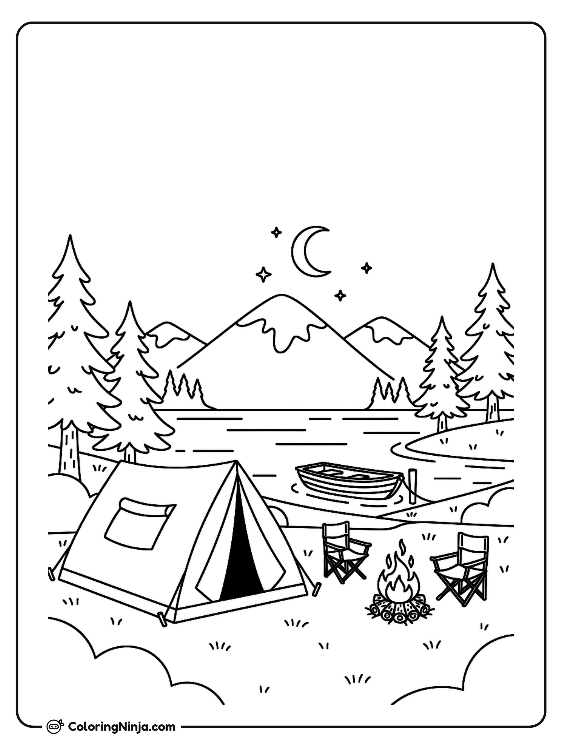 Lake And Camping Scene Coloring Page