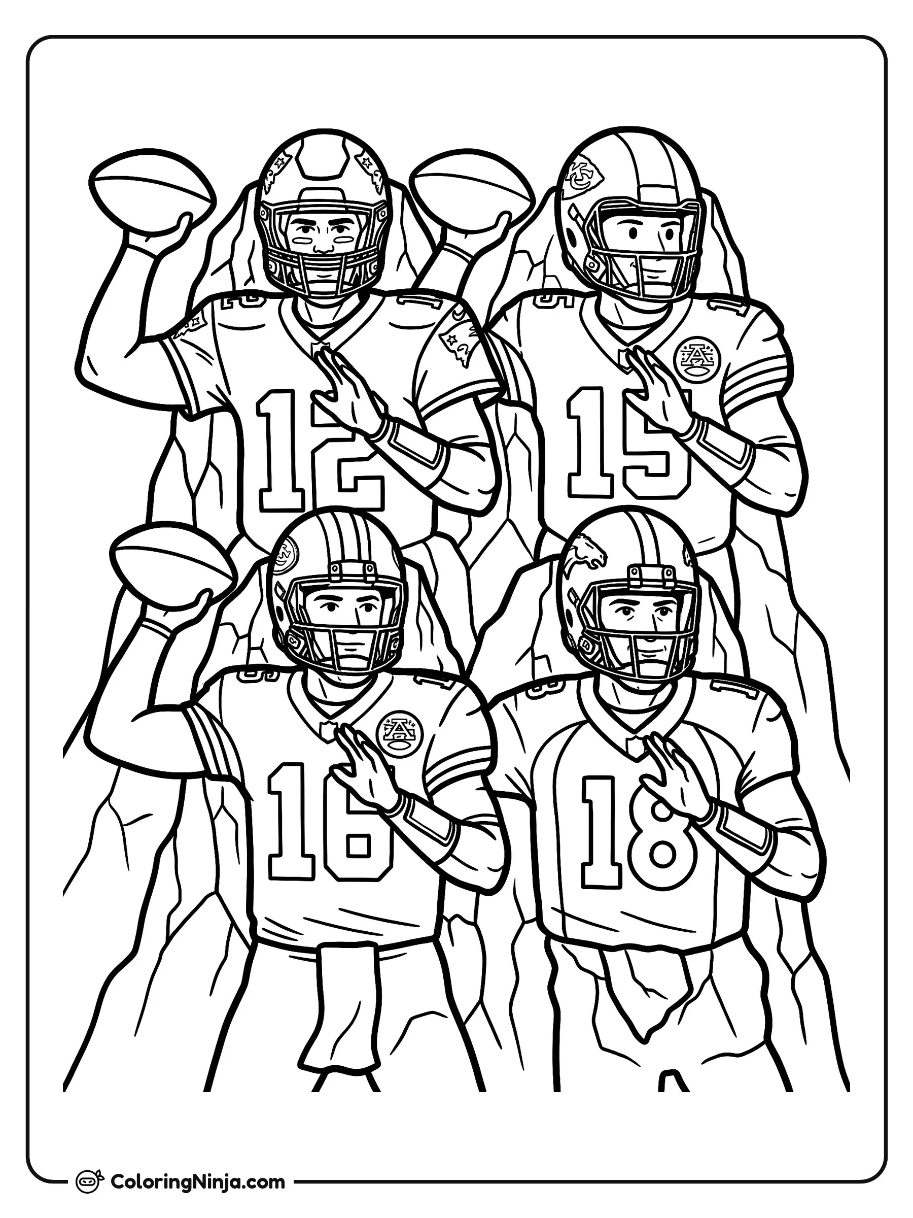 Leyendas de mariscales de campo, dibujo para colorear: Cuatro jugadores de fútbol americano con sus cascos y uniformes acolchados están esculpidos en la pared de un acantilado.