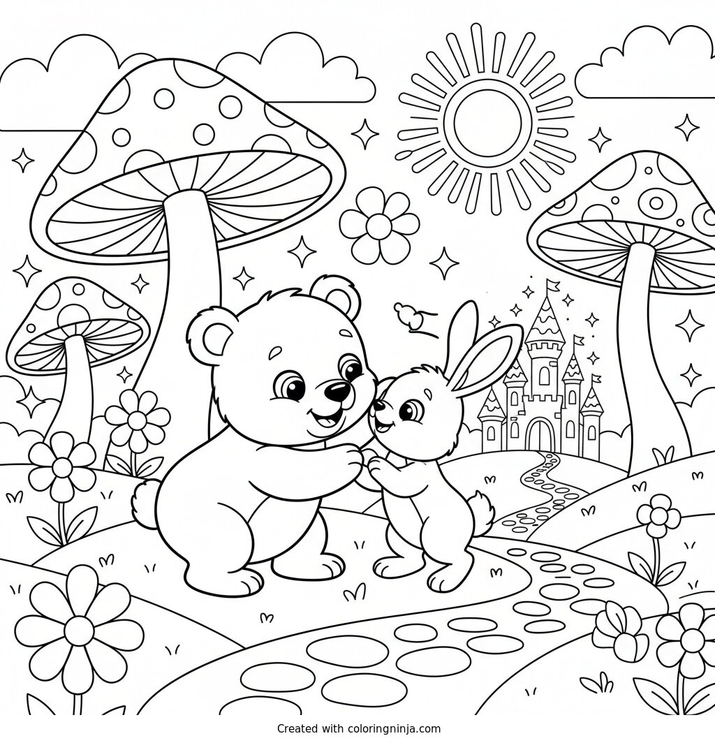 Bebé Oso y Conejo Amigable: dibujo para colorear