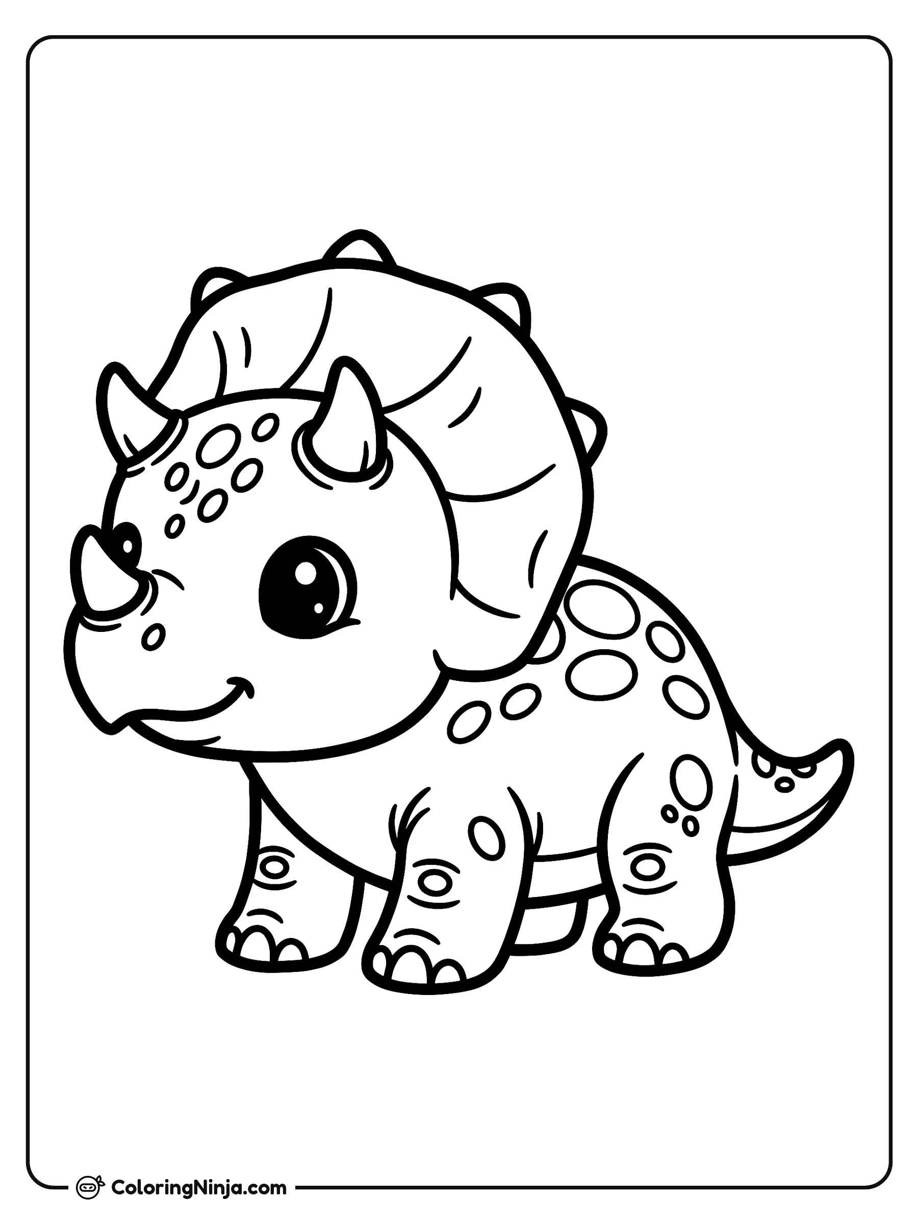 Lindo bebé triceratops sonriente, dibujo para colorear: Un tierno bebé triceratops posa de frente con una gran sonrisa y ojos amigables. Su lomo y rostro están decorados con simpáticas manchas redondas, junto a sus tres pequeños cuernos.