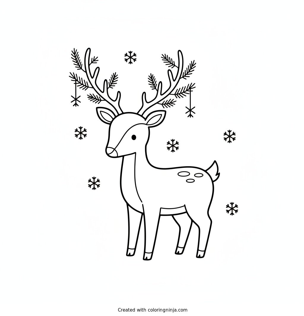 A coloring page of Create a winter-themed deer with antlers lightly decorated with pine branches and snowflakes, black-and-white outline illustration, coloring book friendly
