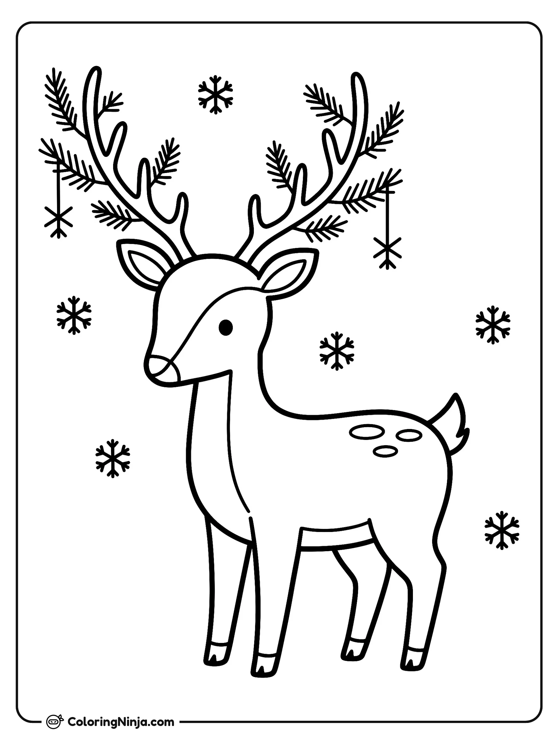 Venado invernal con astas decoradas, dibujo para colorear: Un tierno venado de invierno posa rodeado de copos de nieve que flotan a su alrededor. Sus grandes astas están decoradas con ramitas de pino y adornos colgantes.