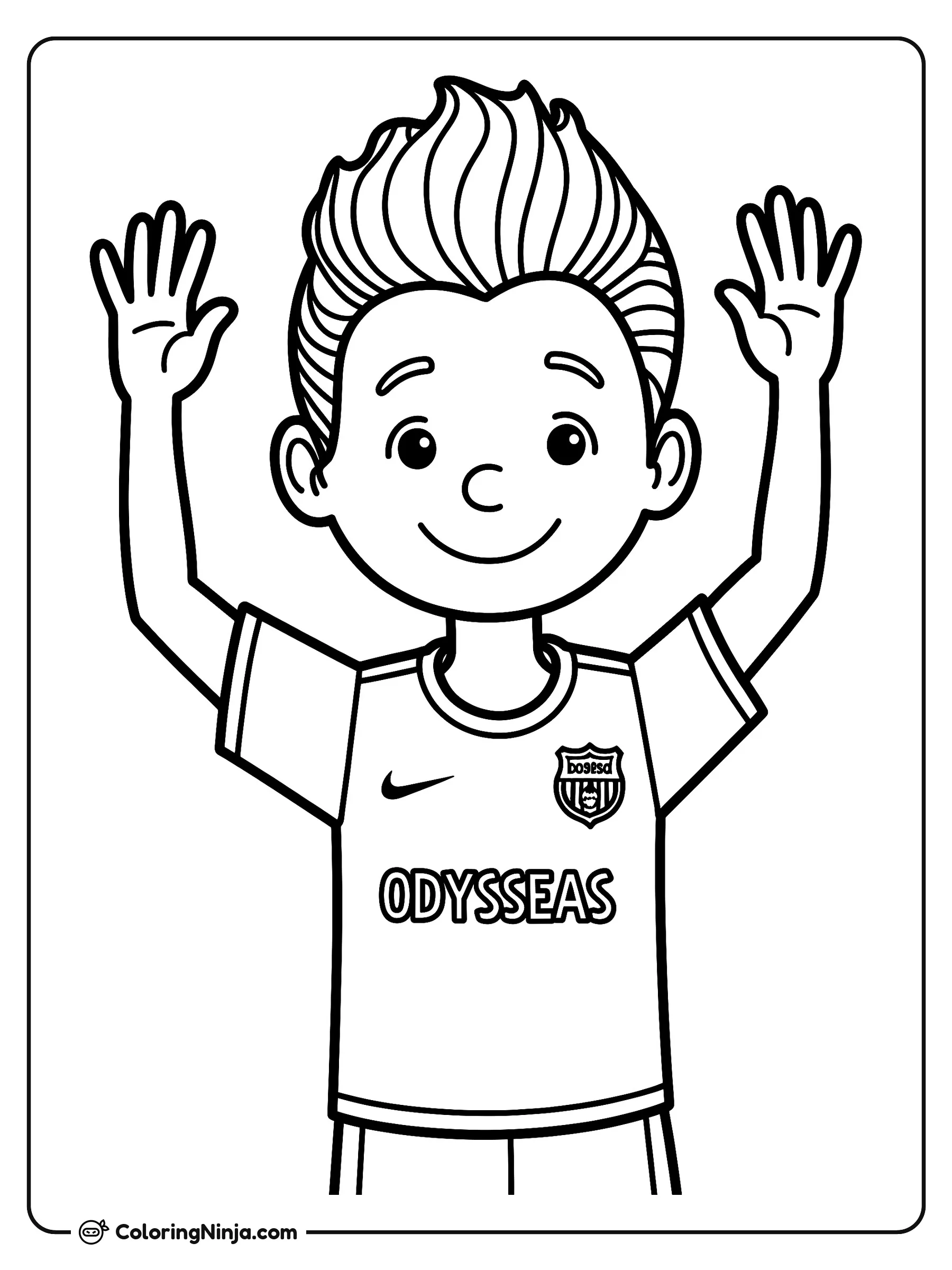 Ronaldo Chocando los Cincos con Odysseas, dibujo para colorear: Un joven futbolista con peinado moderno sonríe mientras levanta ambas manos para dar chocar los cincos. Lleva una camiseta deportiva con un escudo y el nombre Odysseas en el pecho.