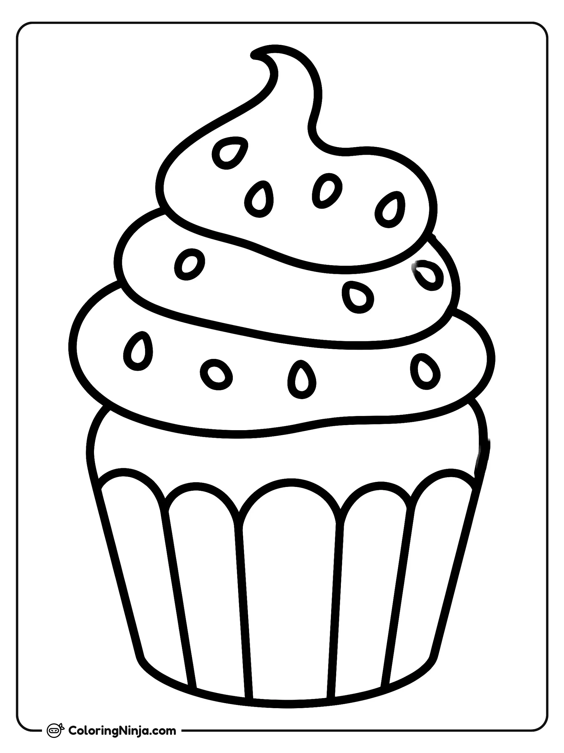 Un cupcake con glaseado y chispas, dibujo para colorear: Un delicioso cupcake muestra una alta espiral de glaseado decorada con chispas de colores. El postre descansa sobre una clásica envoltura con pliegues.