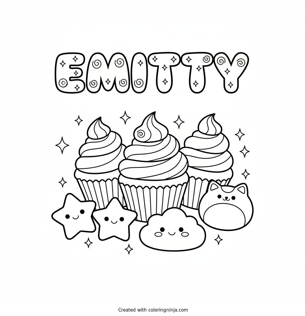 Cupcakes, Swirls, Sparkles, Squishies. Name Emitty Coloring Page