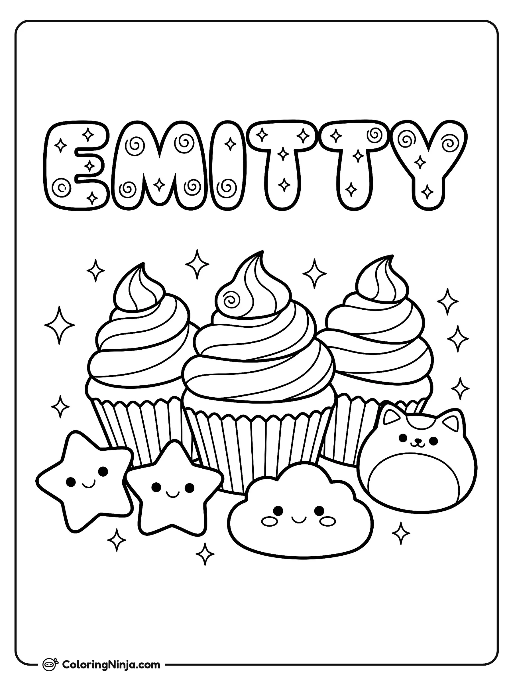 Cupcakes, destellos y squishies con el nombre Emitty, dibujo para colorear: El nombre Emitty aparece sobre tres cupcakes altos con espirales de betún y destellos alrededor.
