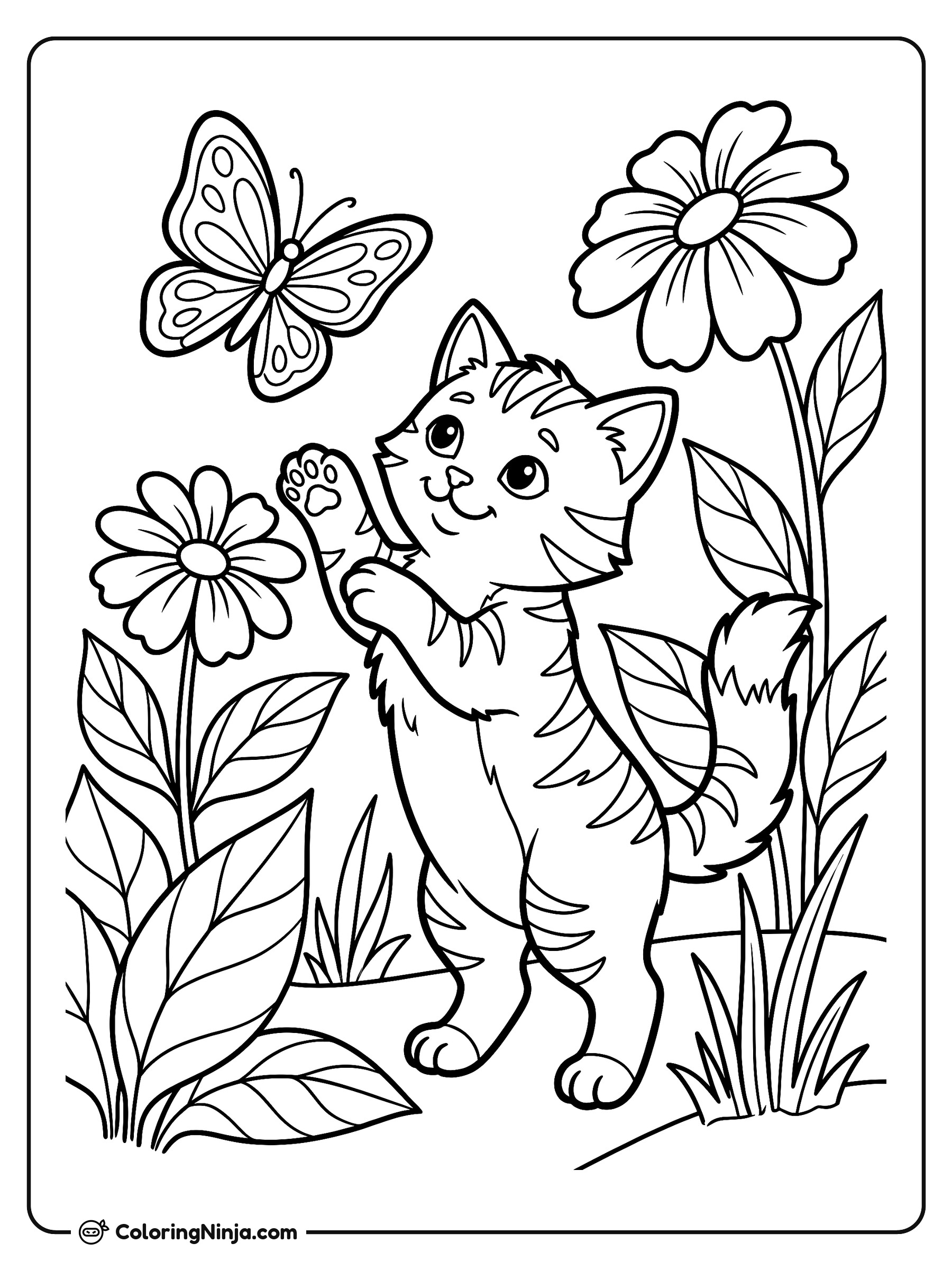 Garden Butterfly Explorer Kitten Coloring Page