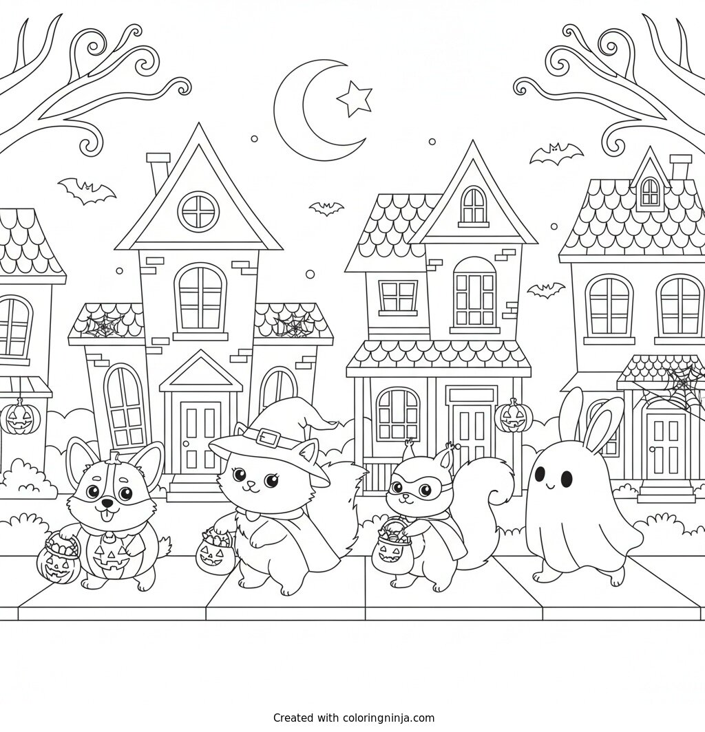 Trick or Treating Cute Animals Coloring Page