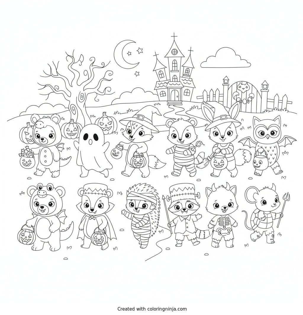 Cute Animals Trick Or Treating Coloring Page