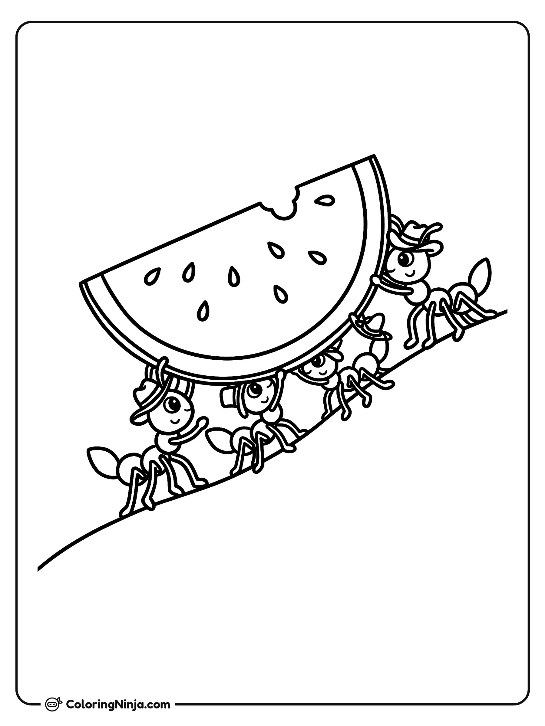 Hormigas diminutas cargando una sandía gigante, dibujo para colorear: Cuatro simpáticas hormigas con sombreritos trabajan en equipo para transportar una enorme rebanada de sandía por una colina.