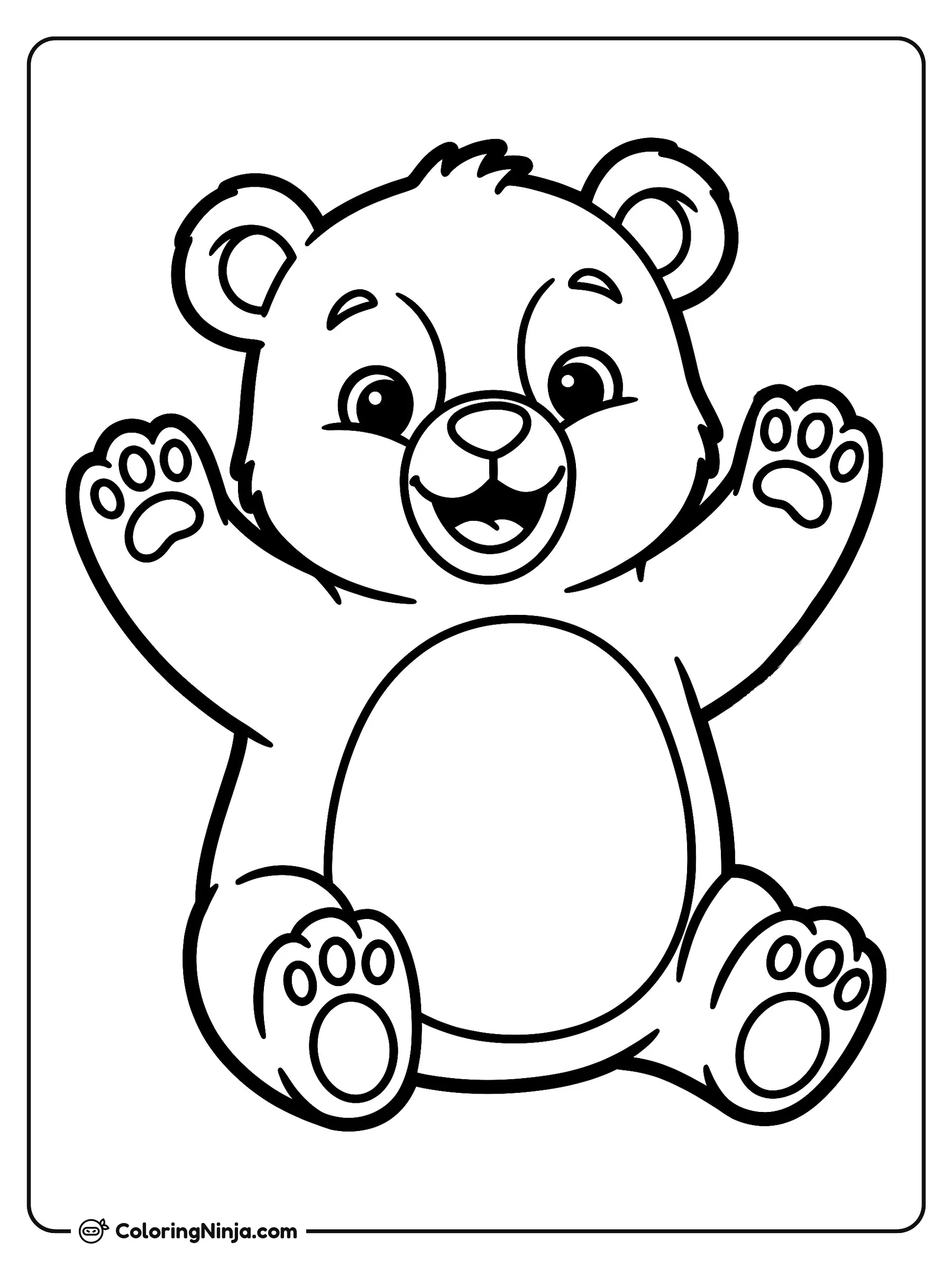 Un tierno osito saludando, dibujo para colorear: Un simpático osito de peluche está sentado alegremente mientras levanta sus patitas para saludar. El pequeño oso sonríe con ternura dejando ver su pancita redonda y sus suaves huellitas.
