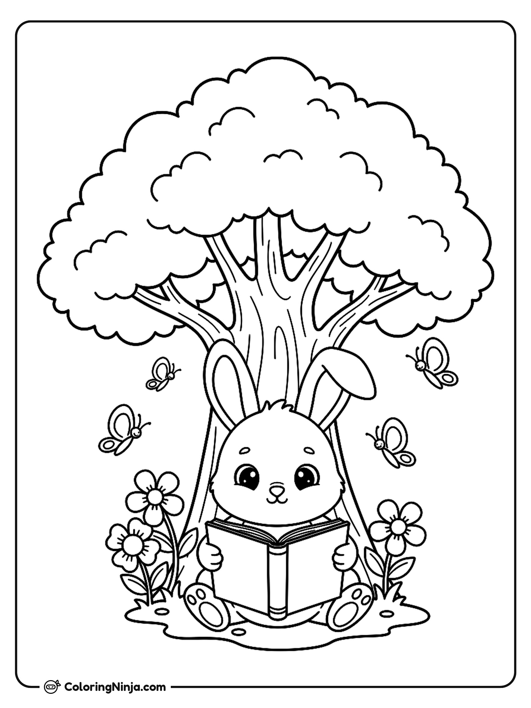 Baby Bunny Reading Under a Tree Coloring Page